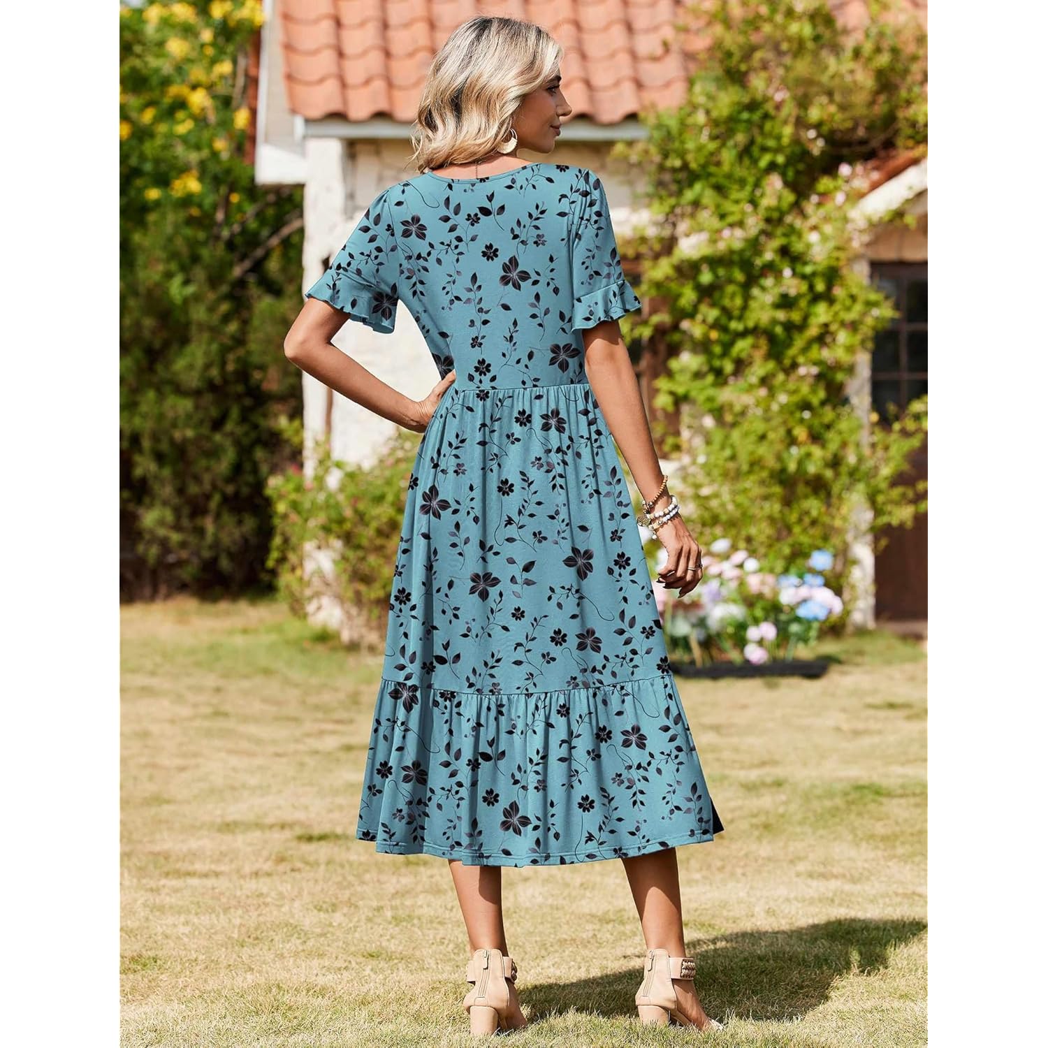 Womens Summer Dresses 2026 Casual Midi Dress Flowy Sundress Ruffle Short Sleeve Tiered Dresses A Line Boho Dress