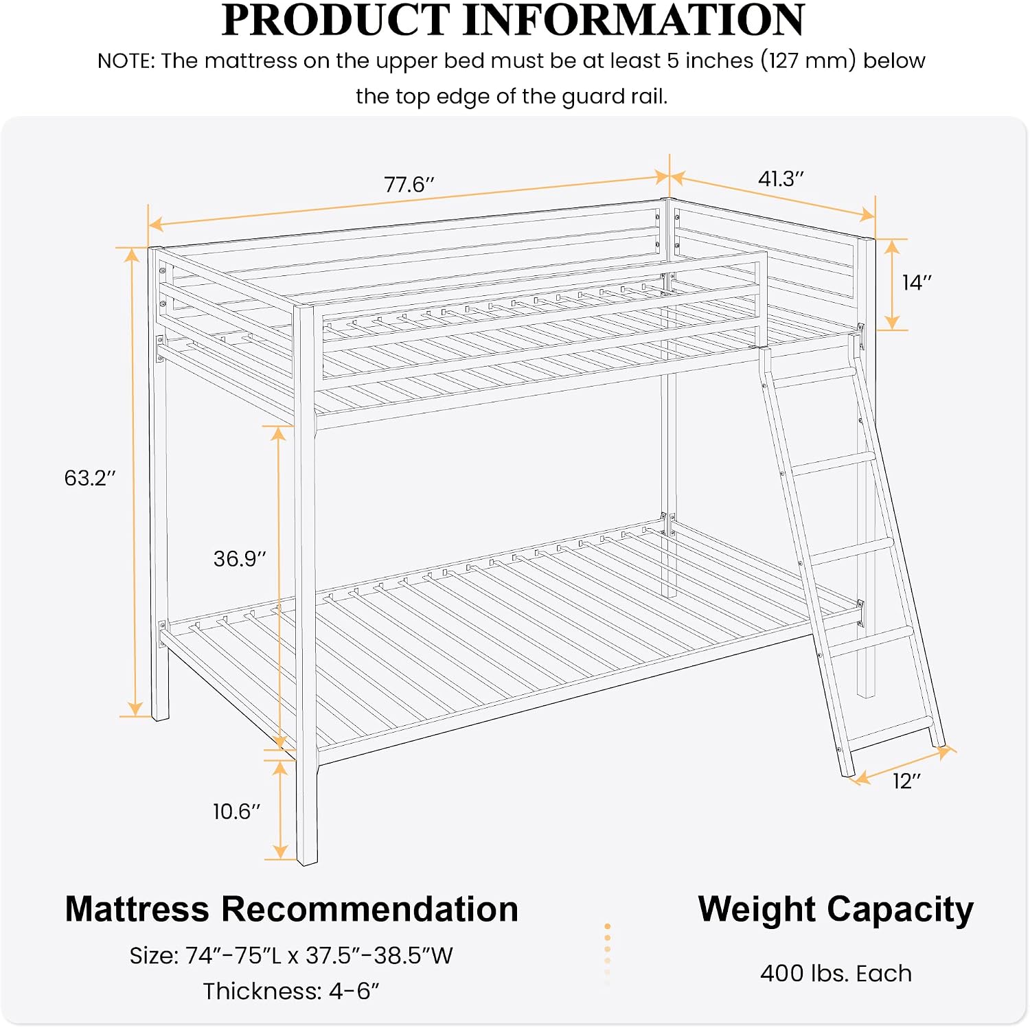 Sha Cerlin Bunk Bed Twin Over Twin Size With Ladder And Guardrail,Black