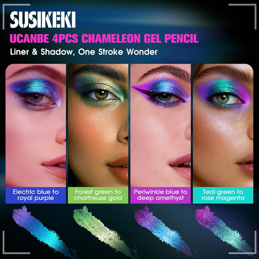 Susikeki 4Pcs Chameleon Metallic Eyeshadow & Eyeliner Gel Pencil Set – Multichrome Shifting Colors Glitter Eye Makeup, Waterproof Long-Lasting Smudge-Proof Duochrome Pencil For Multi-Dimensional Looks