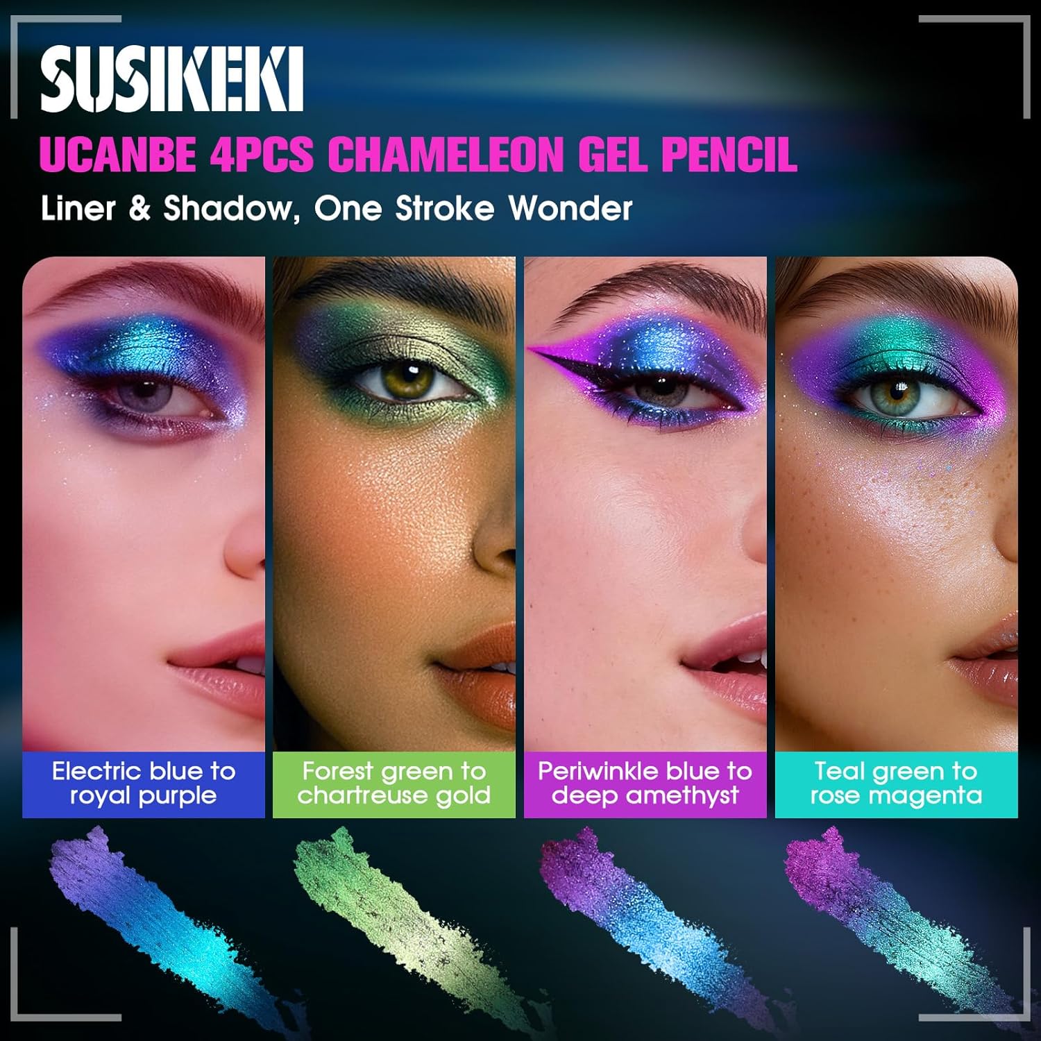 SUSIKEKI 4PCS Chameleon Metallic Eyeshadow & Eyeliner Gel Pencil Set – Multichrome Shifting Colors Glitter Eye Makeup, Waterproof Long-Lasting Smudge-Proof Duochrome Pencil for Multi-Dimensional Looks