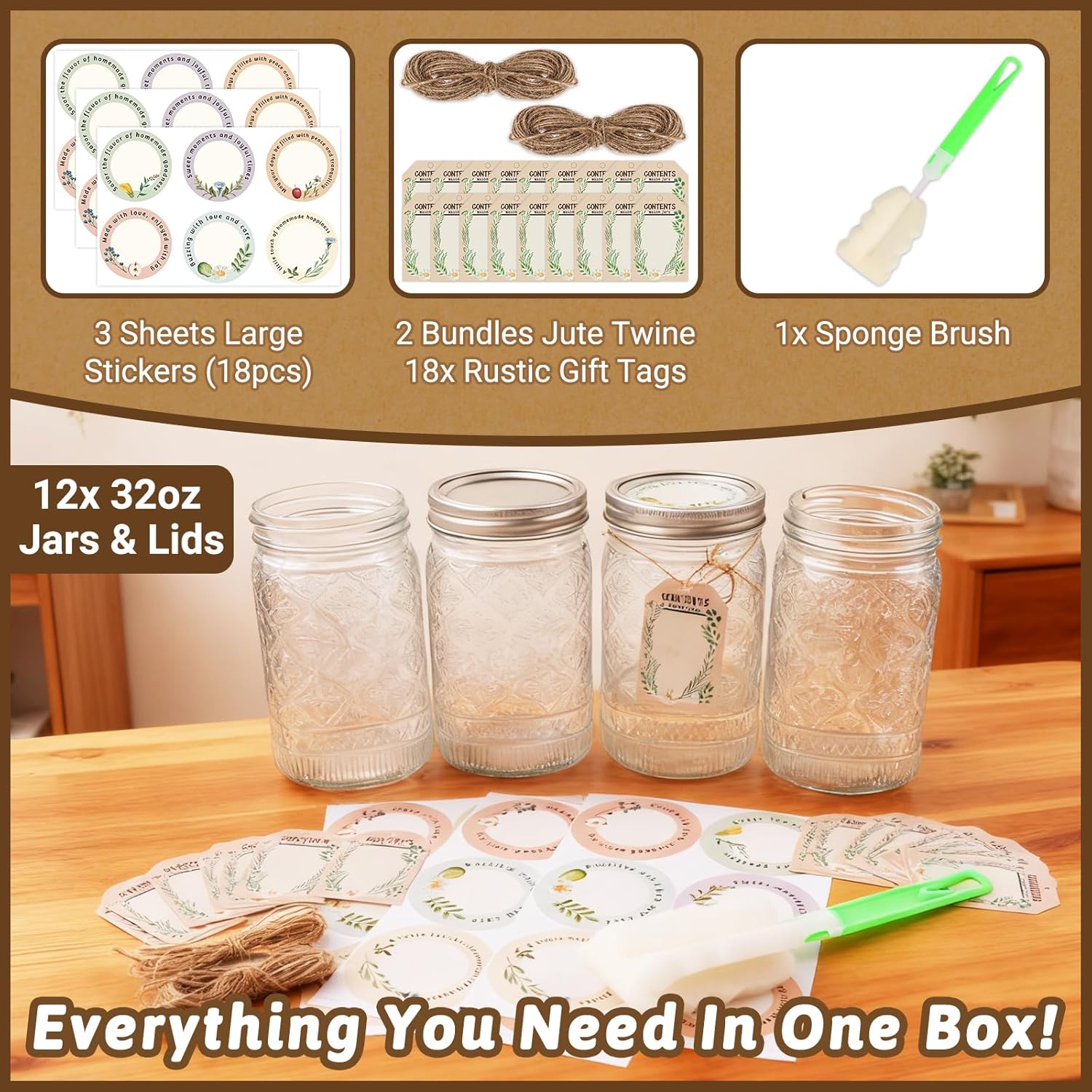 32 oz Mason Jars with Airtight Lids and Bands, 12-Pack with Wide Mouth, Rustic Stickers & Tags, Quart Glass Canning Jars for Pickling, Food Storage, Fermentation,Overnight Oats