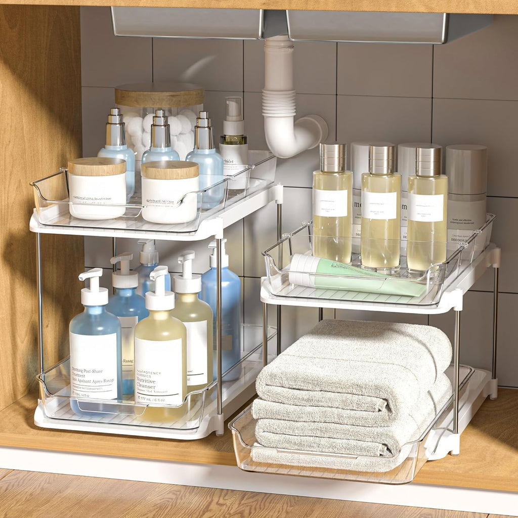 Delamu 2-Tier Multi-Purpose Bathroom Under Sink Organizers and Storage, Stackable Kitchen Pantry Organization, Pull Out Medicine Cabinet Organizer with Movable Dividers, White, 2 Pack