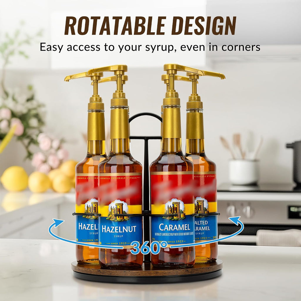 Rotating Coffee Syrup Organizer Hold 6 Bottles, Wood Coffee Syrup Rack For Countertop, Large Bottle Holder Stand For Bar Station, Turntable Wine Display Tray (Black - 6 Bottles)