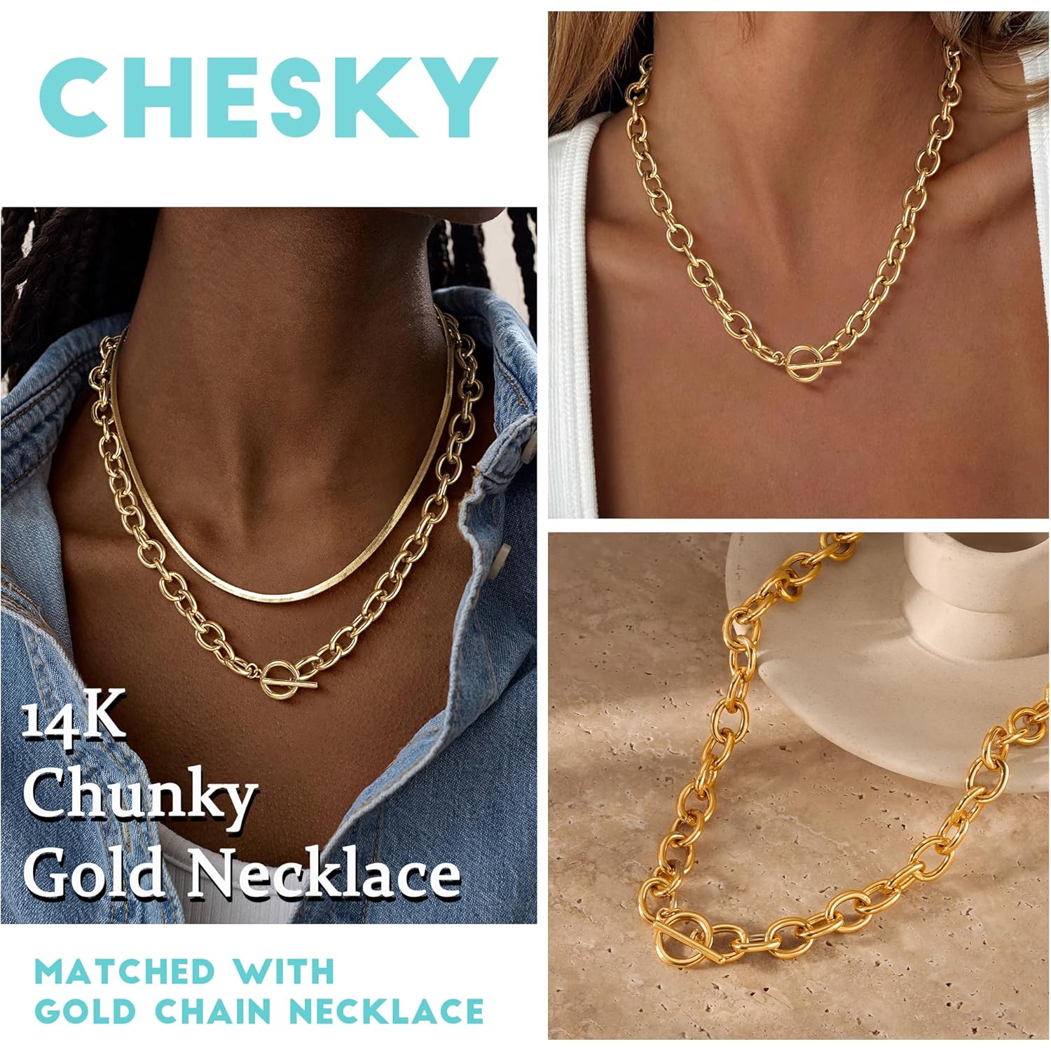 CHESKY 14K Gold Plated Chunky Necklace for Women, Trendy Paperclip Chain Necklace Thick Cross Heart Pendant Necklace Layered Herringbone Cuban Link Chain Toggle Necklaces Non Tarnish Jewelry