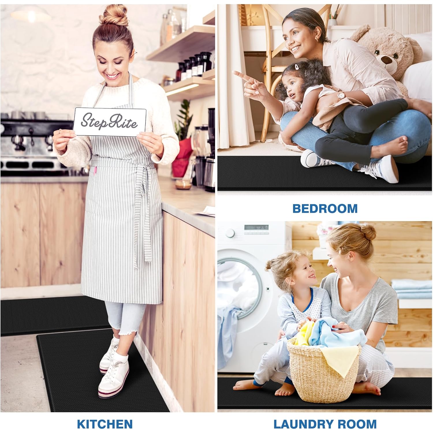 StepRite Kitchen Mats, 2PCS Kitchen Rugs, Cushioned Anti Fatigue Kitchen Mats for Floor, Non-Slip Standing Desk Mat, Waterproof Kitchen Rug Set for Kitchen, Floor, Office, 17.3"x30"+17.3"x47", Black