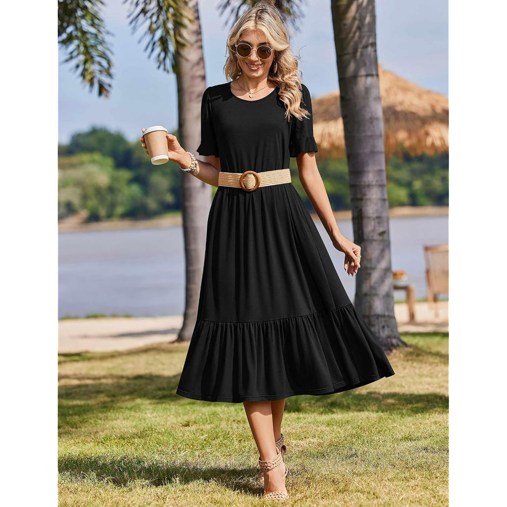 Zeagoo Womens Summer Dresses 2026 Casual Midi Dress Flowy Sundress Ruffle Short Sleeve Tiered Dresses A Line Boho Dress