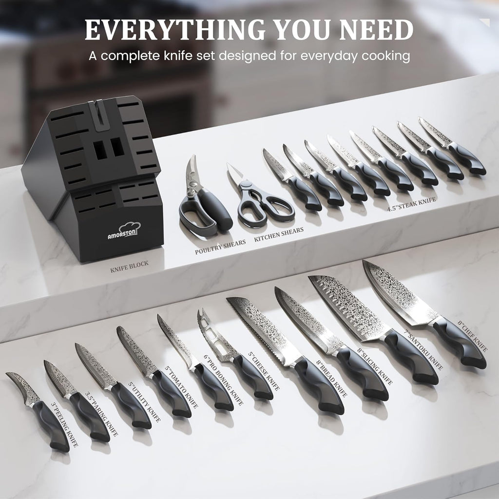 Amorston 22 Pieces Knife Set, Laser Engraved High Carbon Stainless Steel Knife Block Set, Full Tang Professional Kitchen Knife Set with Built-in Sharpener, Mothers Day Gifts for Kitchen