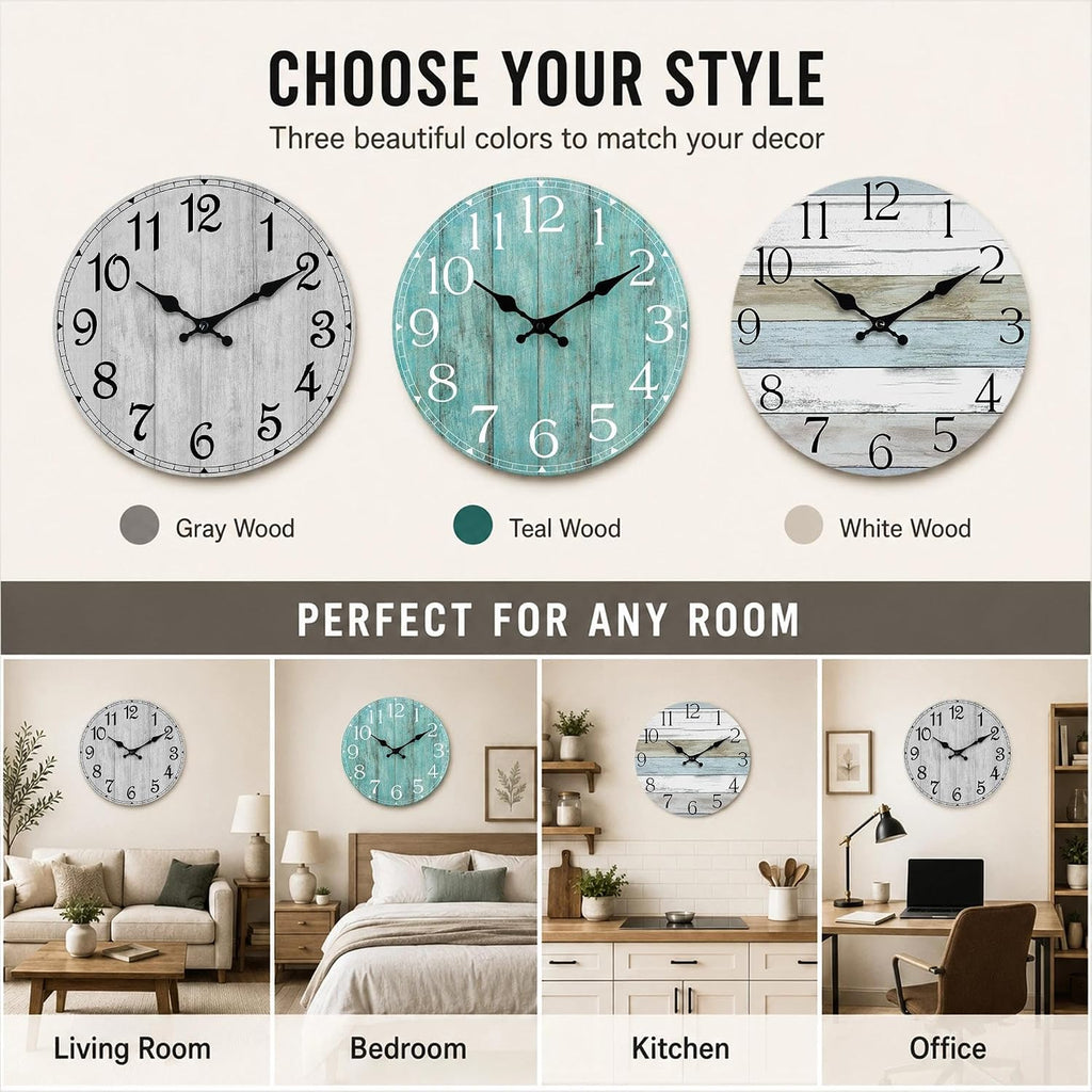 Wall Clock, Rustic Wall Clocks Battery Operated Silent Non Ticking, Country Round Wooden Clocks Farmhous Wall Decorative For Kitchen, Bathroom, Living Room (Gray 8 Inch)