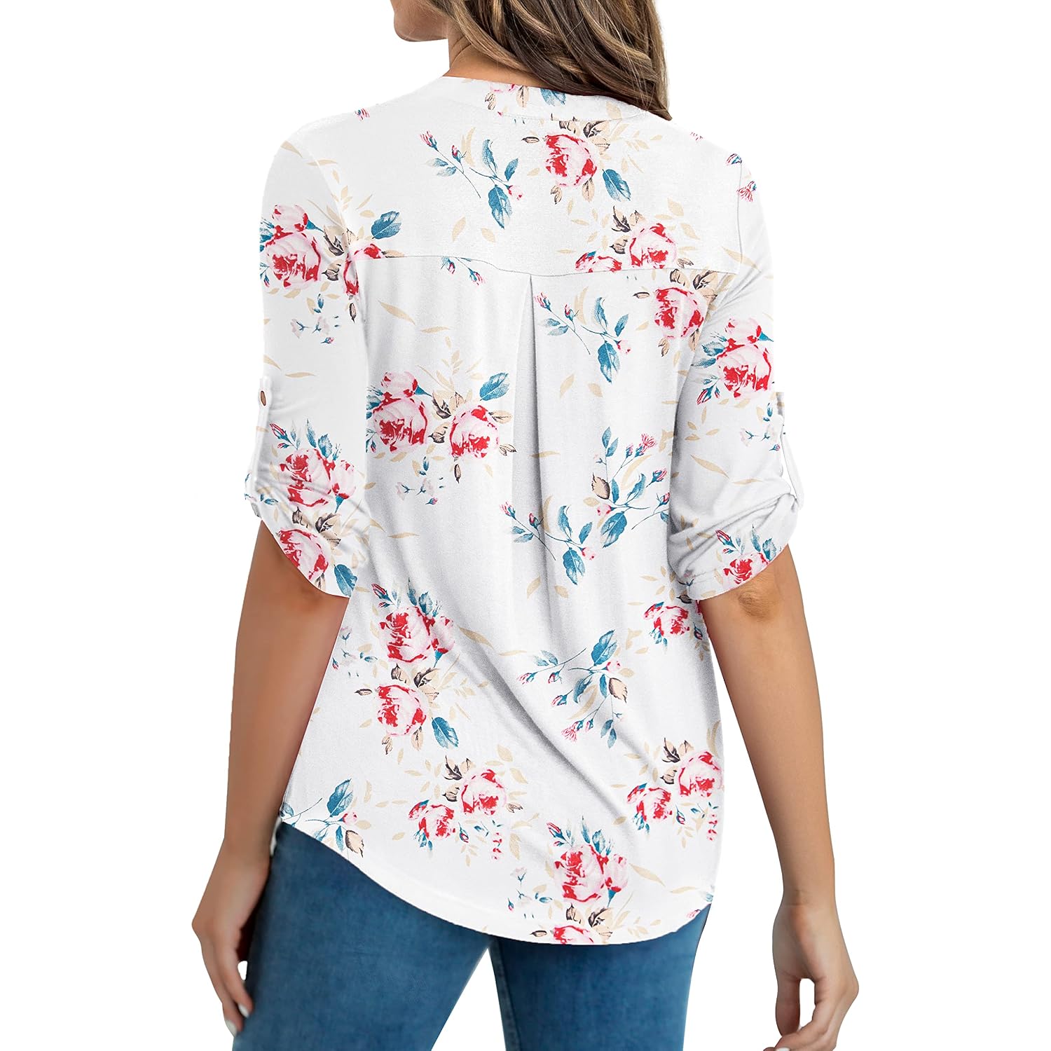 Women'S Plus Size Tops 3/4 Roll Sleeve Shirts V Neck Blouses Tunic Top