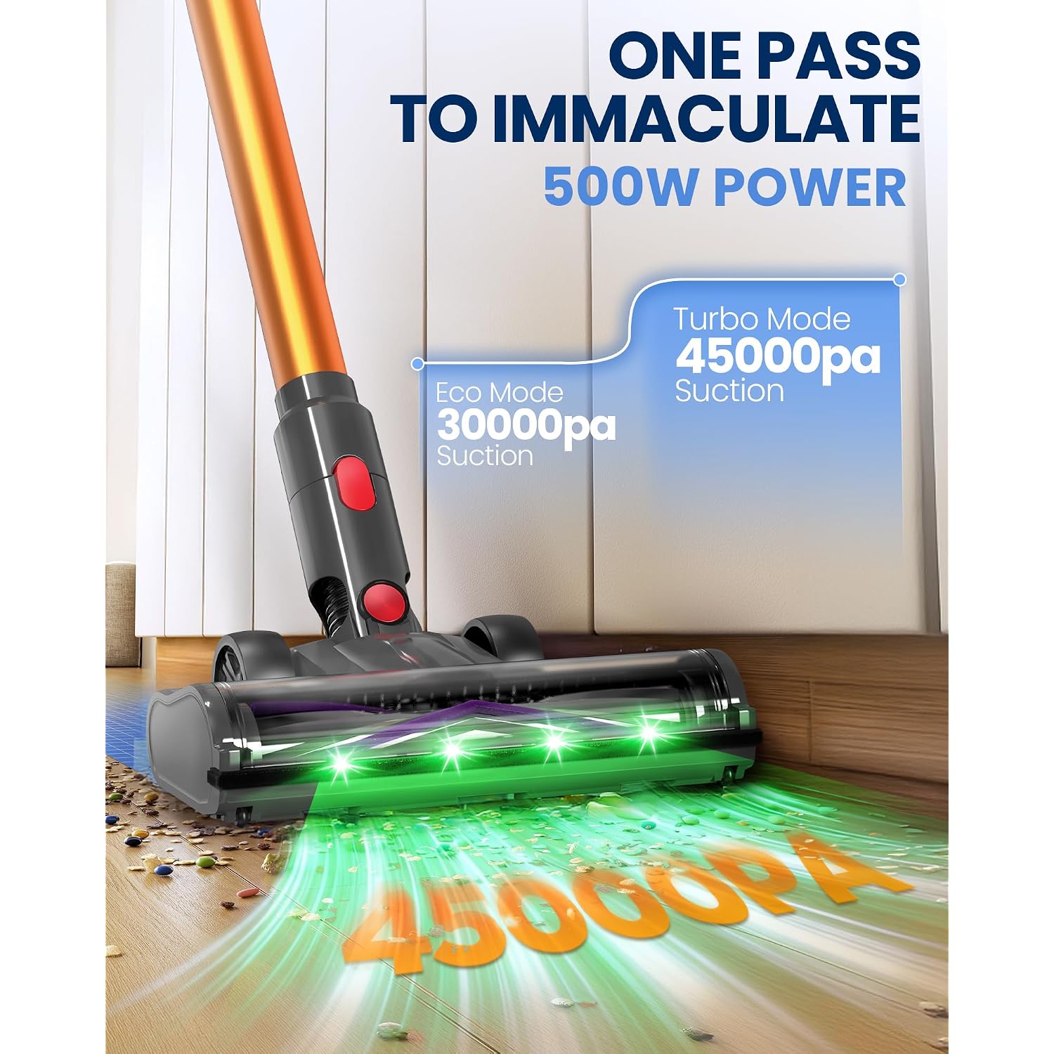 Cordless Vacuum Cleaner, 500W/45Kpa/40Mins Lightweight Stick Vacuum For Home, Led Display And Green Headlights, 6-Stages Filtration, Self-Standing Vacuum For Hard Floor, Carpet