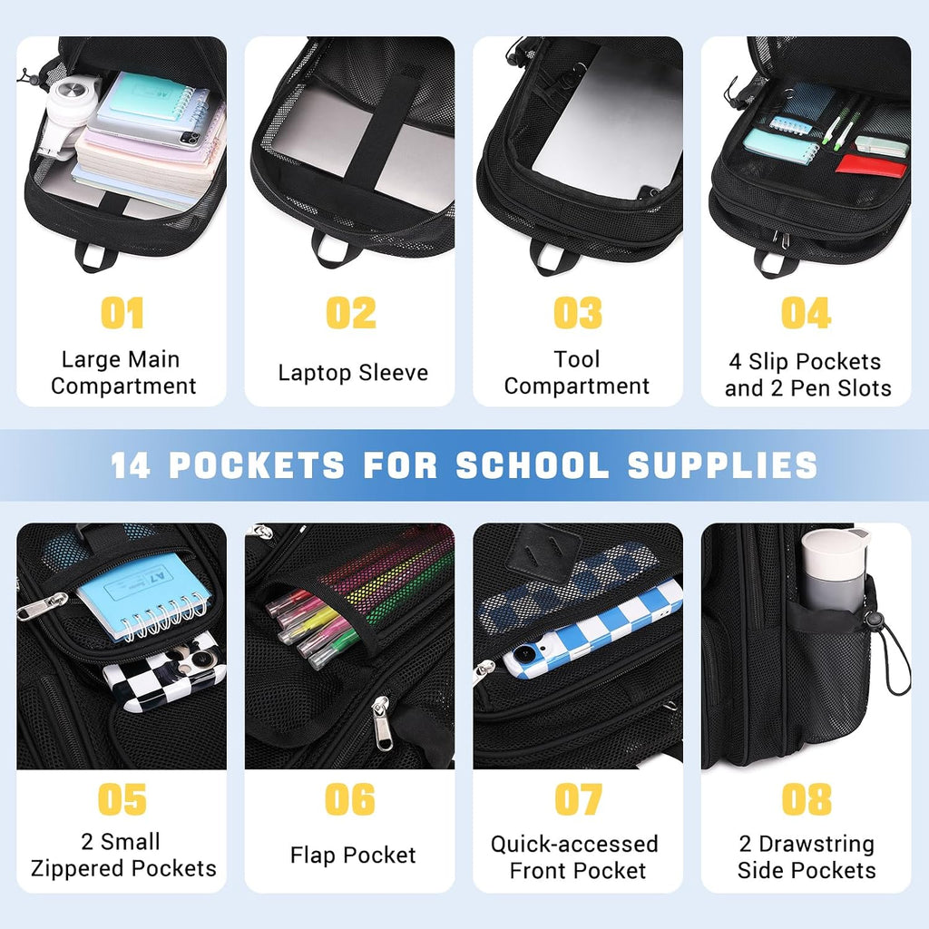 Mesh Backpack For School Heavy Duty See Through Net Bookbag Girls Boys Semi-Transparent Net Back Pack For Beach, Swimming, Sports, Work, Travel (Black)
