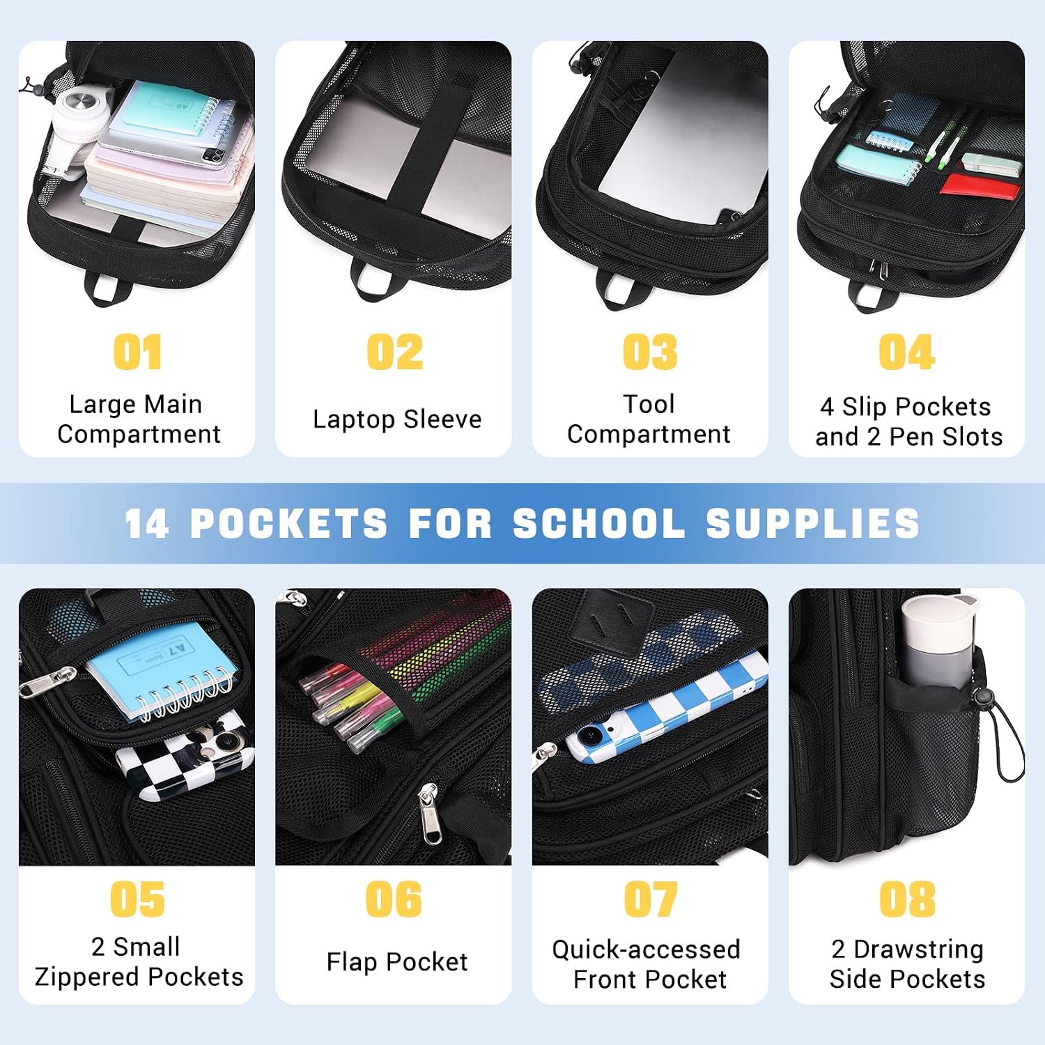 Mesh Backpack For School Heavy Duty See Through Net Bookbag Girls Boys Semi-Transparent Net Back Pack For Beach, Swimming, Sports, Work, Travel (Black)