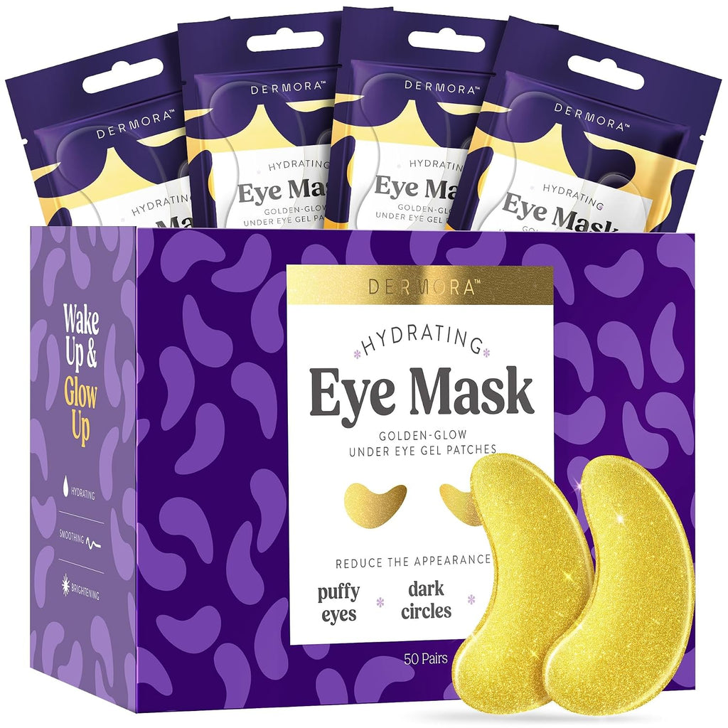 Dermora Golden Glow Under Eye Patches - 50 Pairs Individually Packed, Hydrating Soft Gel Eye Masks For Puffiness, Wrinkles, Dark Circles & Fine Lines, Glowing Skin, Travel Friendly