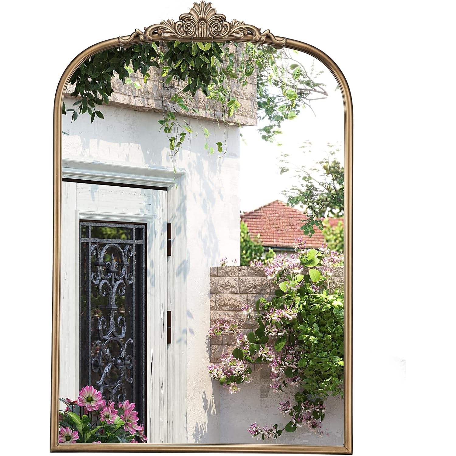 30" X 40" Antique Gold Mirror, Vintage Gold Arched Mirror With Tempered Glass, Brass Bronze Ornate Bathroom Vanity Wall Mirror For Entryway, Mantel, Powder Room