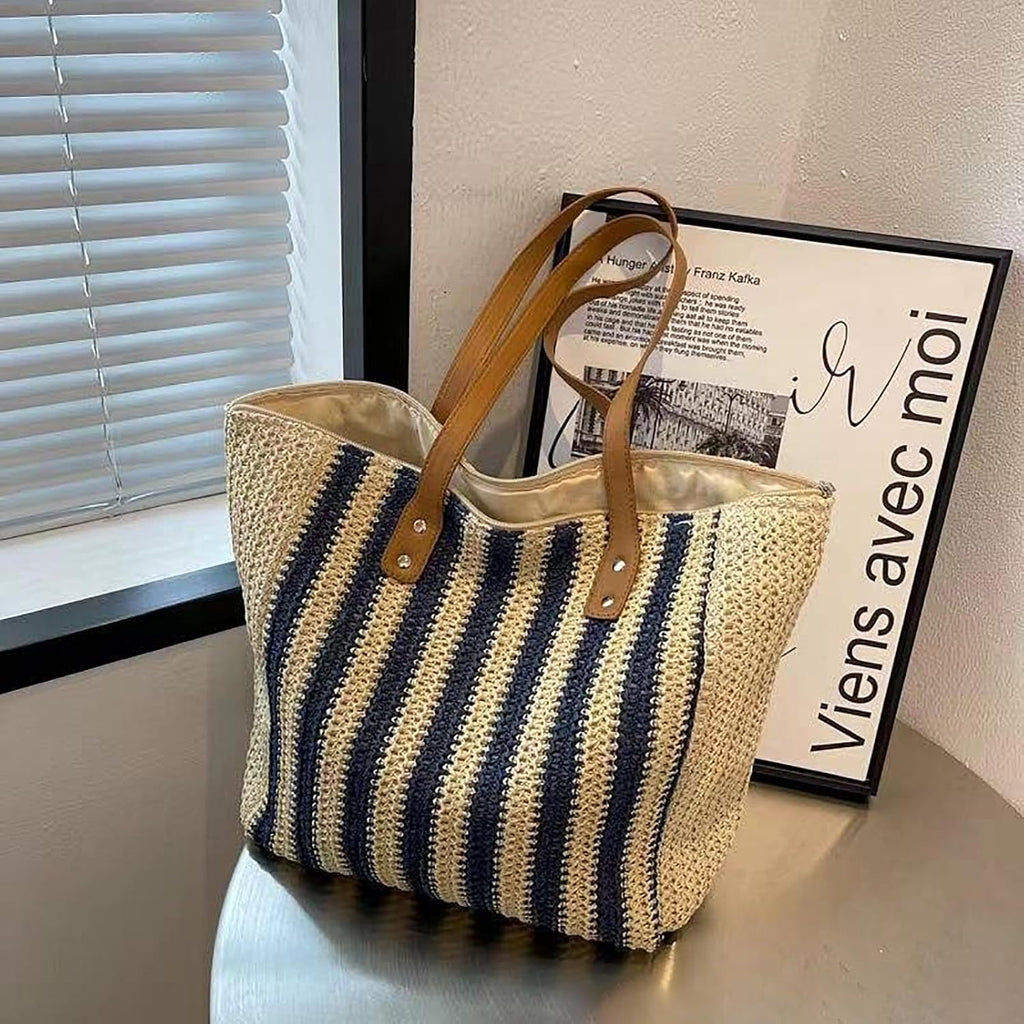 Handmade Woven Striped Tote Bag,Vintage Shoulder Bag,Summer Straw Beach Bag For Women,Blue,1 Piece
