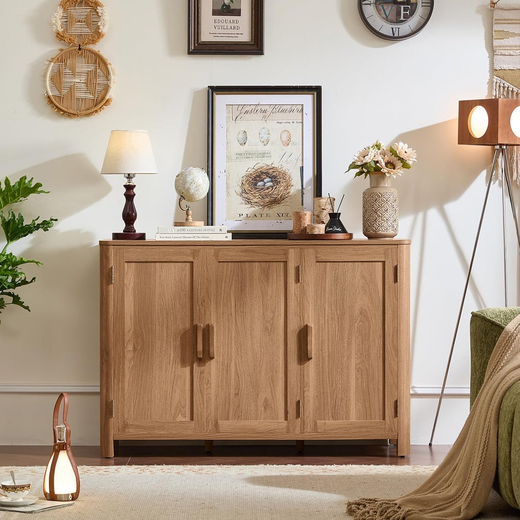 Joaxswe Sideboard Buffet Cabinet With Storage, 46" Arc-Shaped Credenza With 3 Doors & Adjustable Shelves, Mid Century Modern Coffee Bar Cabinet For Kitchen, Living Room, Entryway, Darkwood