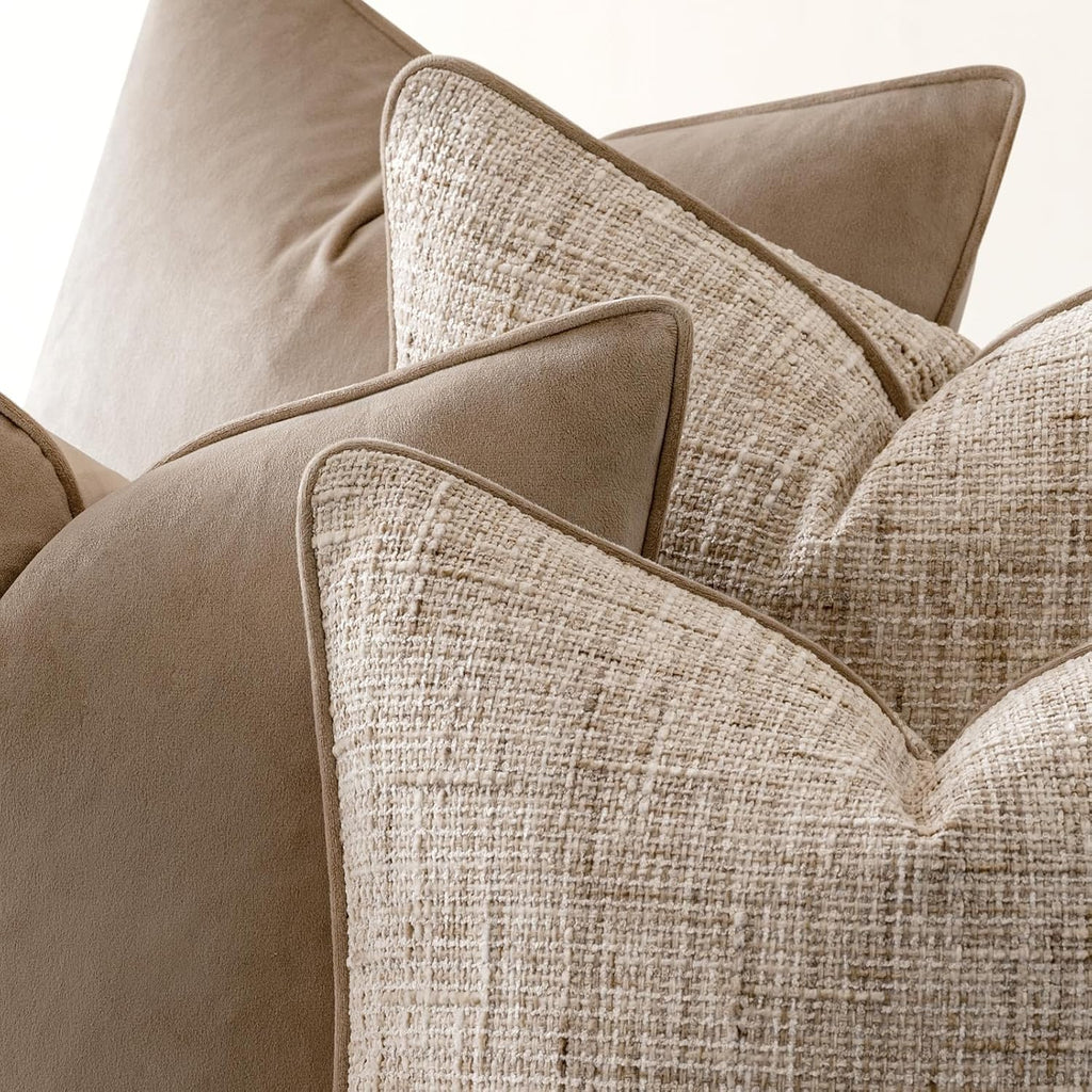 Khaki 4 Pack Throw Pillow Covers - Chenille & Velvet Set With Piping, Farmhouse Textured Design Cushion Cases For Couch Sofa Bed (18X18 Inch, No Insert)