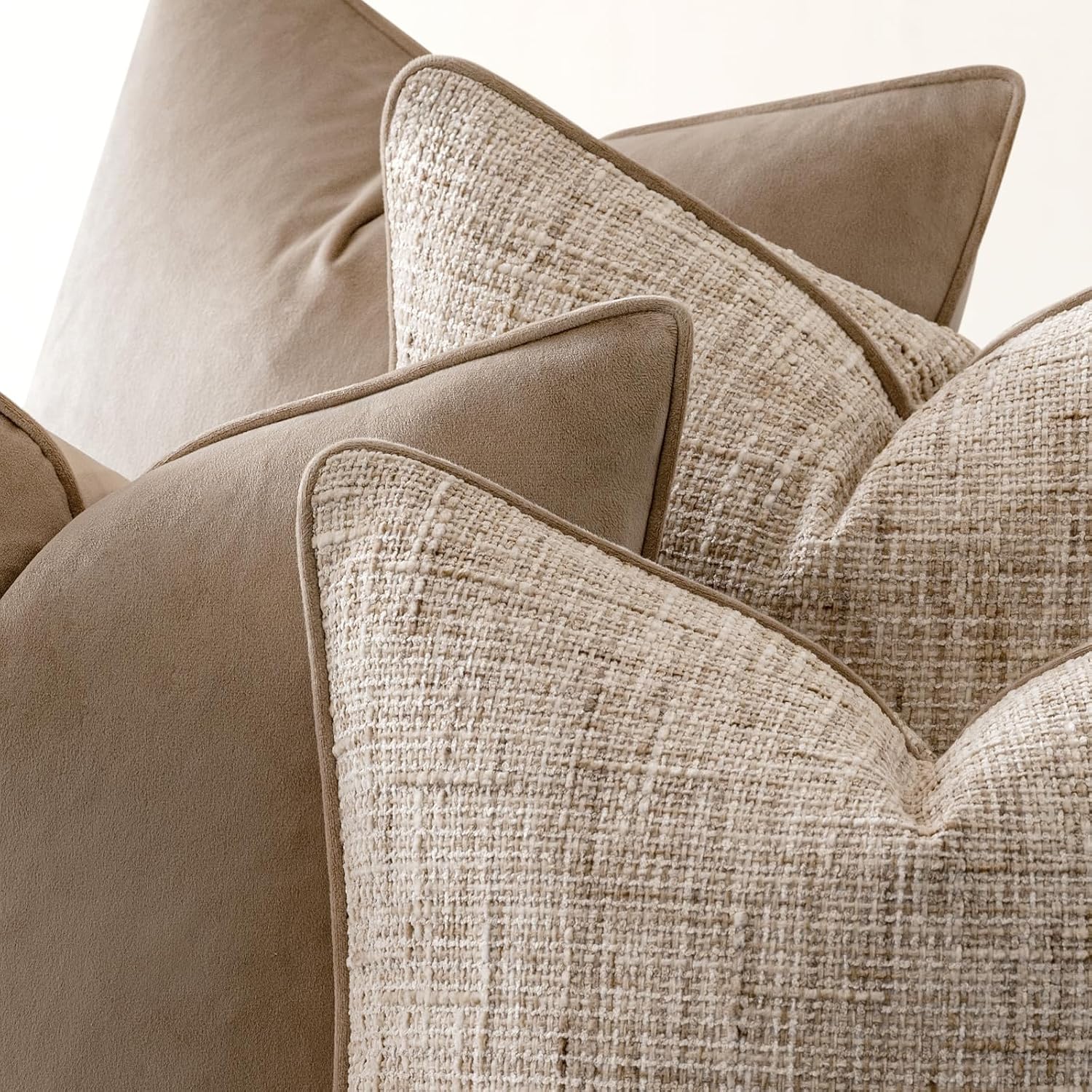 Khaki 4 Pack Throw Pillow Covers - Chenille & Velvet Set With Piping, Farmhouse Textured Design Cushion Cases For Couch Sofa Bed (18X18 Inch, No Insert)