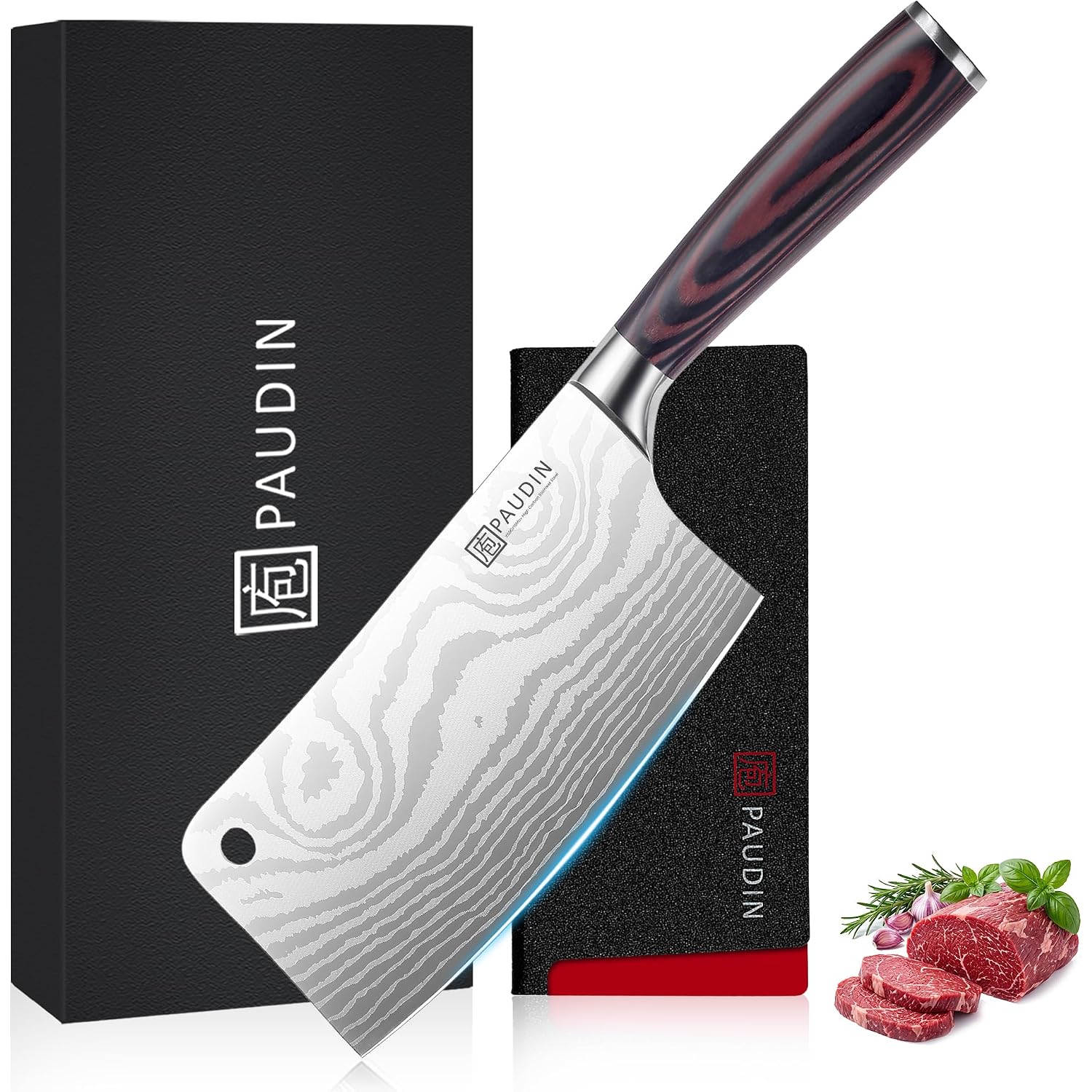 Paudin Cleaver Knife, Ultra Sharp Meat Cleaver 7 Inch, High Carbon Stainless Steel Butcher Knife With Wooden Handle, Chinese Cleaver For Meat Cutting Vegetable Slicing