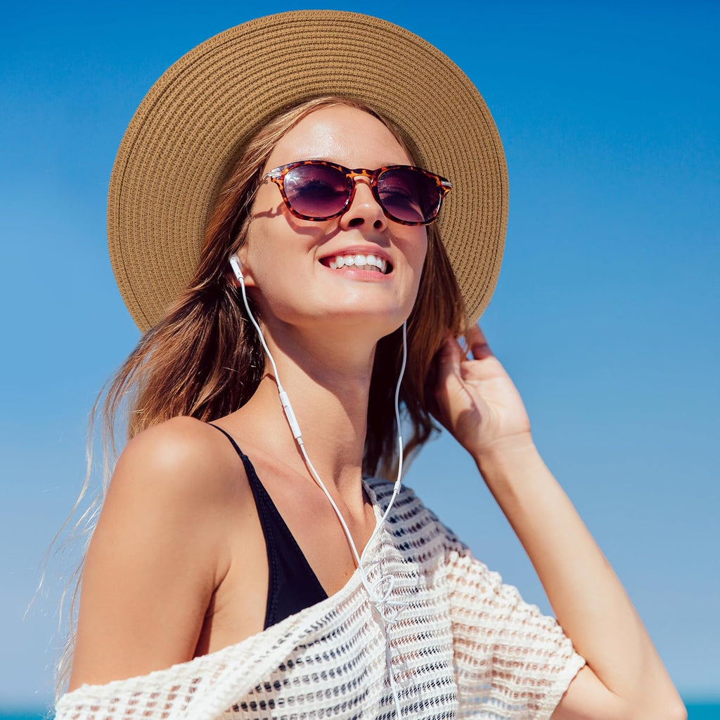 Womens Beach Sun Straw Hat - UV Protection UPF 50+ Sun Hats for Women with Wide Brim, Straw Beach Hat for Women