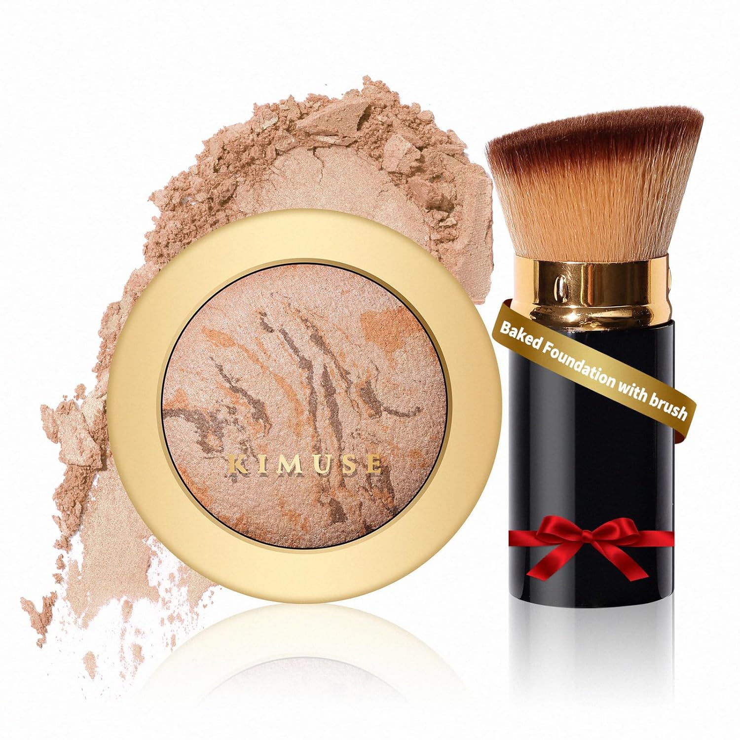 KIMUSE Baked Foundation - Brighten Color Correcting Powder Foundation with Retractable Kabuki Brush Makeup Set for Mature Skin, Buildable Coverage, Radiant Natural Finish