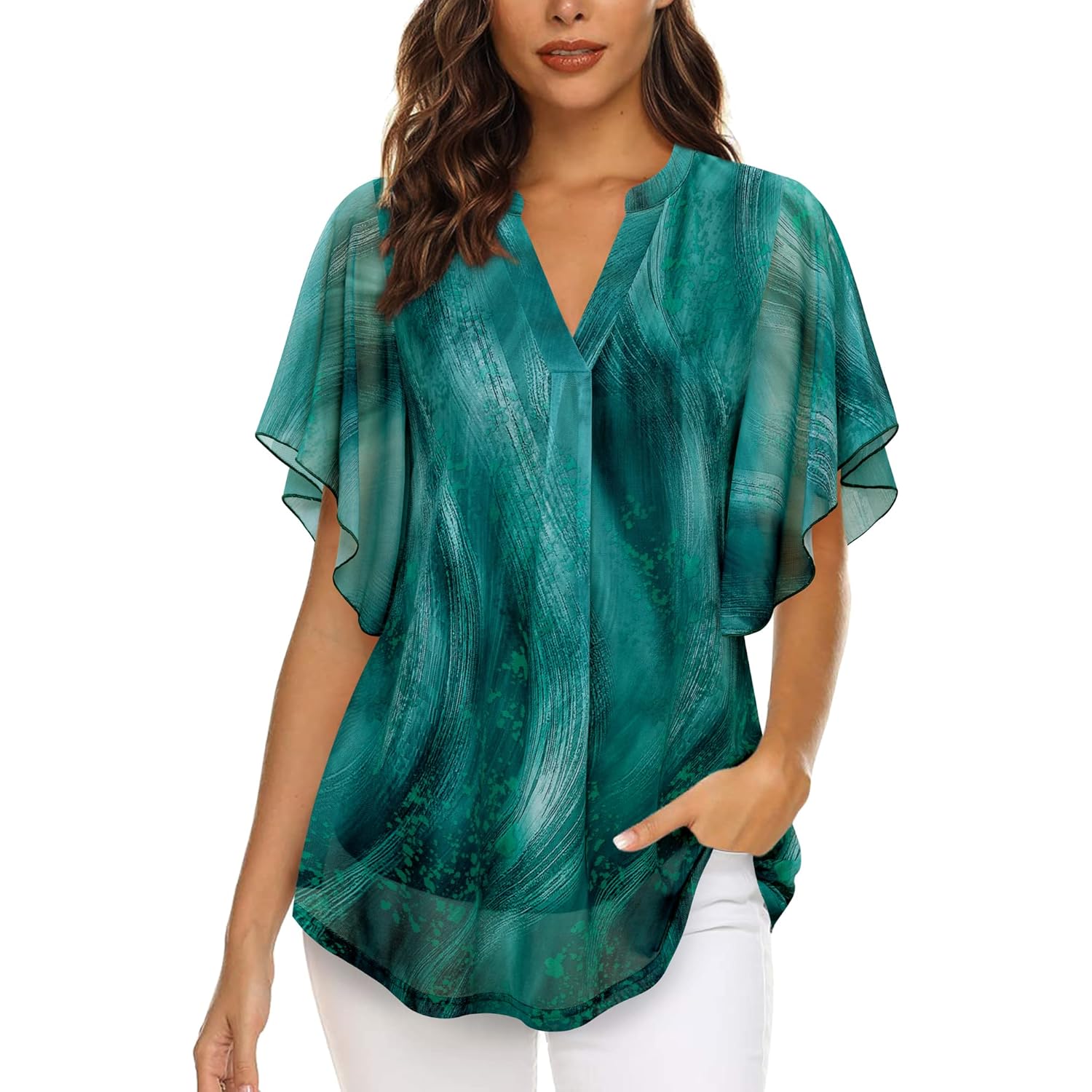 Women's Short Sleeve V Neck Blouses Shirts Floral Double Layers Mesh Tunics Tops