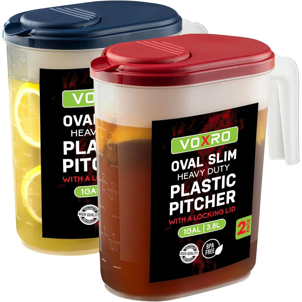 2-Pack Oval Slim Plastic Pitchers With Lids – 1 Gallon, Flip-Top Pivot Spout, Well-Gripped Handle, Water Jug, With Measuring Option, Ideal for Water, Juice & Iced Tea (Blue & Red) BPA Free