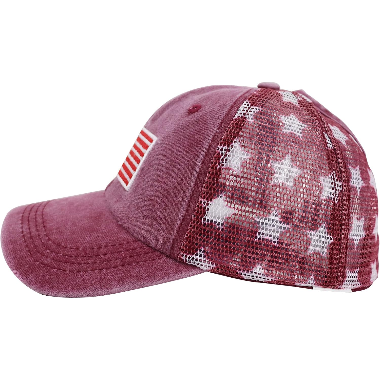 USA American Flag Trucker Hat for Women, Funny Adjustable Washed Embroidered Distressed Mesh Baseball Cap American Flag Embroidered Red