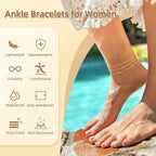 2 Pairs 14K Gold Plated Ankle Bracelets for Women, Anklets for Women Waterproof Hypoallergenic Twisted Non Tarnish, Plus Size Layered Stackable Chain Ankle Bracelets Beach Jewelry Gifts