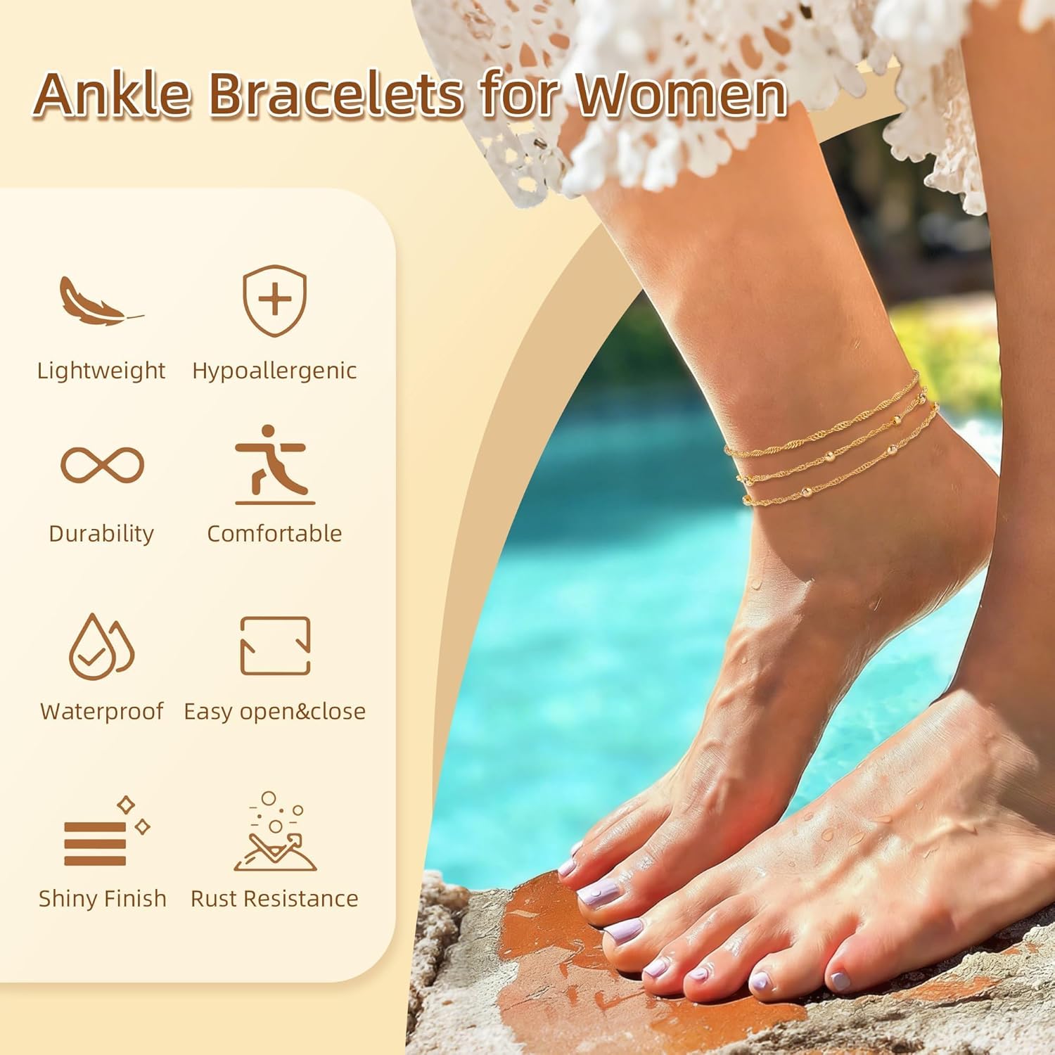 2 Pairs 14K Gold Plated Ankle Bracelets for Women, Anklets for Women Waterproof Hypoallergenic Twisted Non Tarnish, Plus Size Layered Stackable Chain Ankle Bracelets Beach Jewelry Gifts