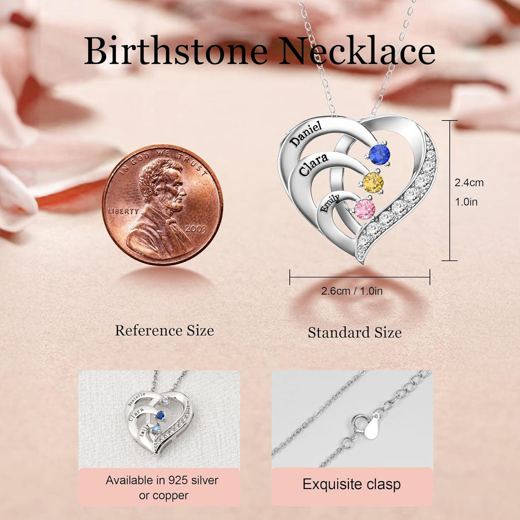 Easycosy Custom Name Necklace with Birthstones Mothers Day Gifts for Mom, Wife, Customized Promise Necklace Heart Pendant with Engraved 2-6 Names - Birthday Jewelry Gifts for Women Grandma Her