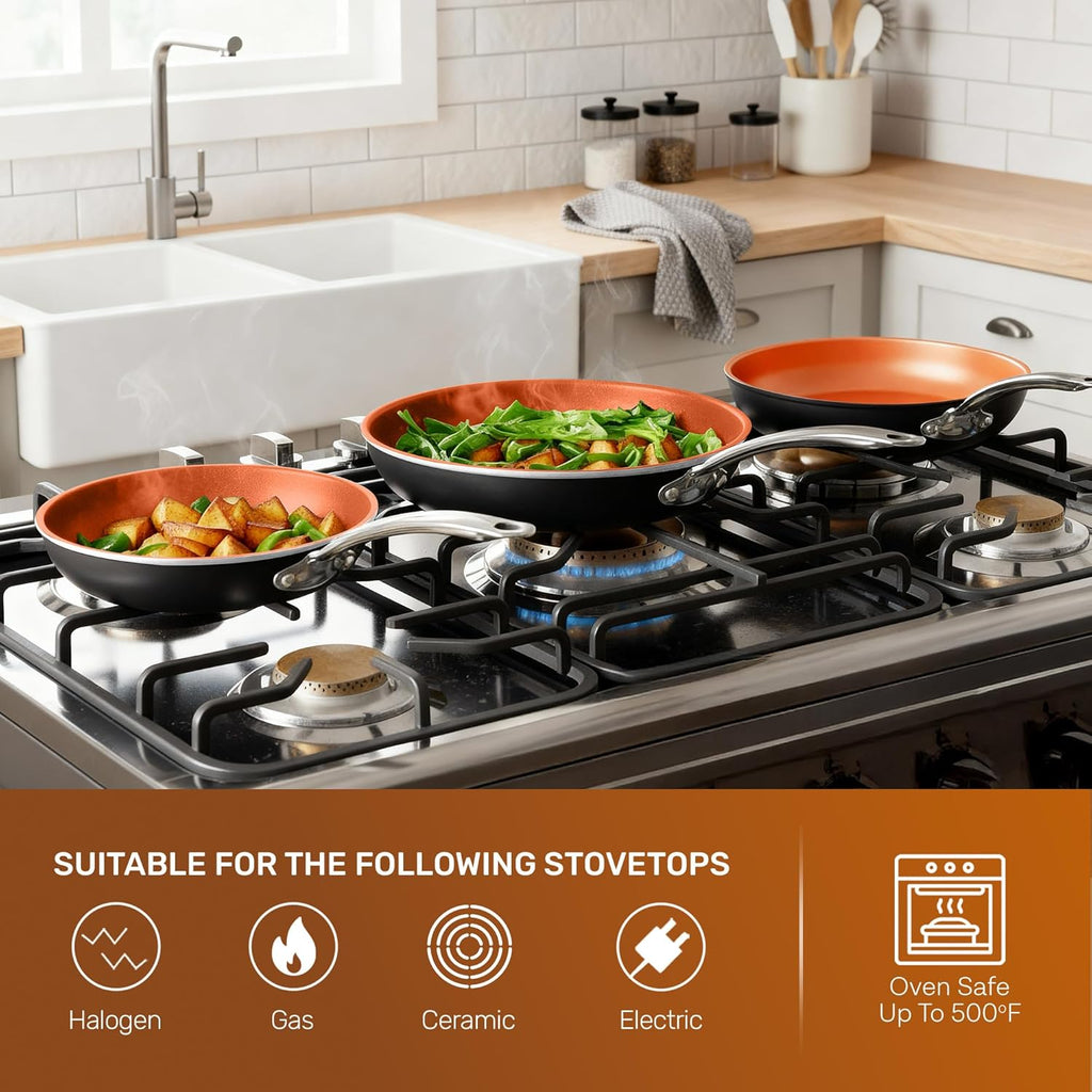 Gotham Steel 9.5 Inch Copper Non Stick Frying Pans, Ceramic Non Toxic Frying Pans Nonstick Skillet Made Without PFOA PFOS, Lightweight, Stay Cool Handle, Oven and Dishwasher Safe