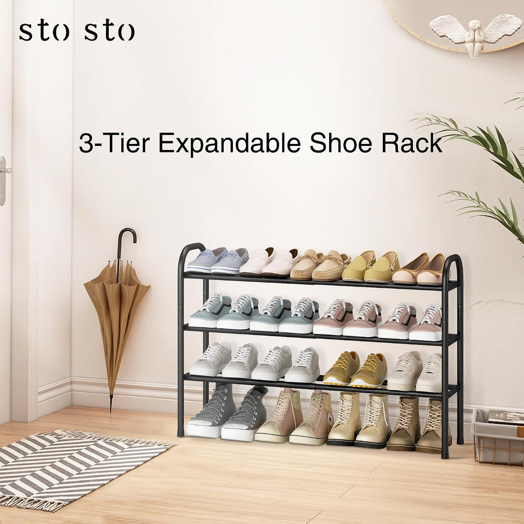 Expandable Shoe Rack, 3-Tier Metal Small Shoe Rack For Closet, Up To 16 Pairs Adjustable Shoes Racks Storage For Front Door Entrance, Free Standing Shoes Rack Organizer For Entryway, Black