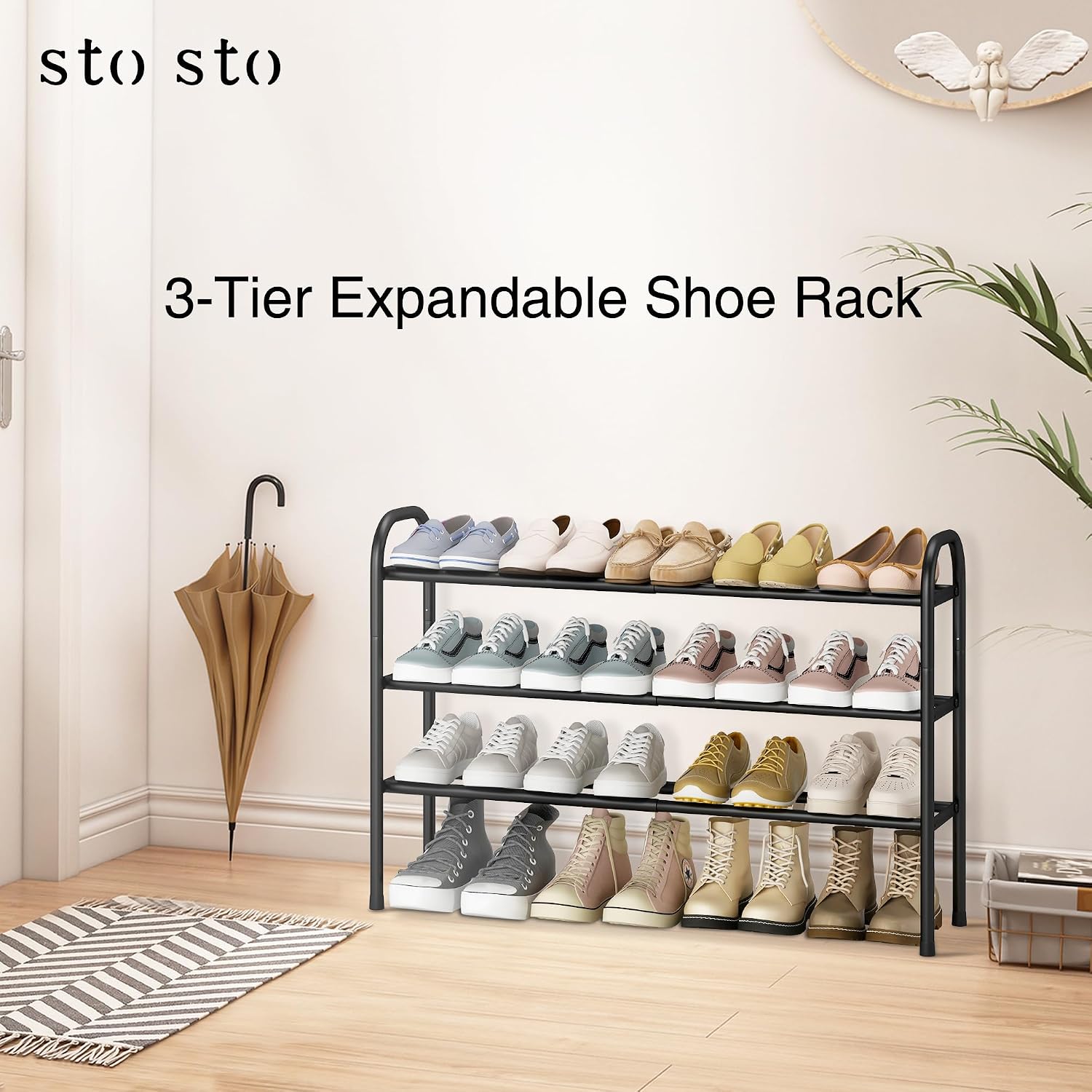 Expandable Shoe Rack, 3-Tier Metal Small Shoe Rack For Closet, Up To 16 Pairs Adjustable Shoes Racks Storage For Front Door Entrance, Free Standing Shoes Rack Organizer For Entryway, Black