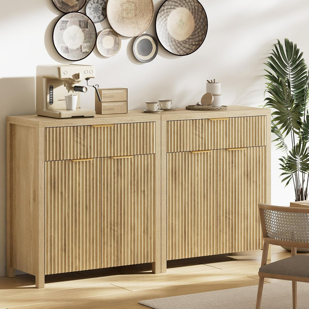 Fluted Buffet Cabinet For Kitchen, 28.3" Sideboard Cabinet Natural | Adjustable Shelves, Quiet Full-Extension Slides, Curved Metal Handle, Coffee Bar With Drawers For Dining Room, Entryway