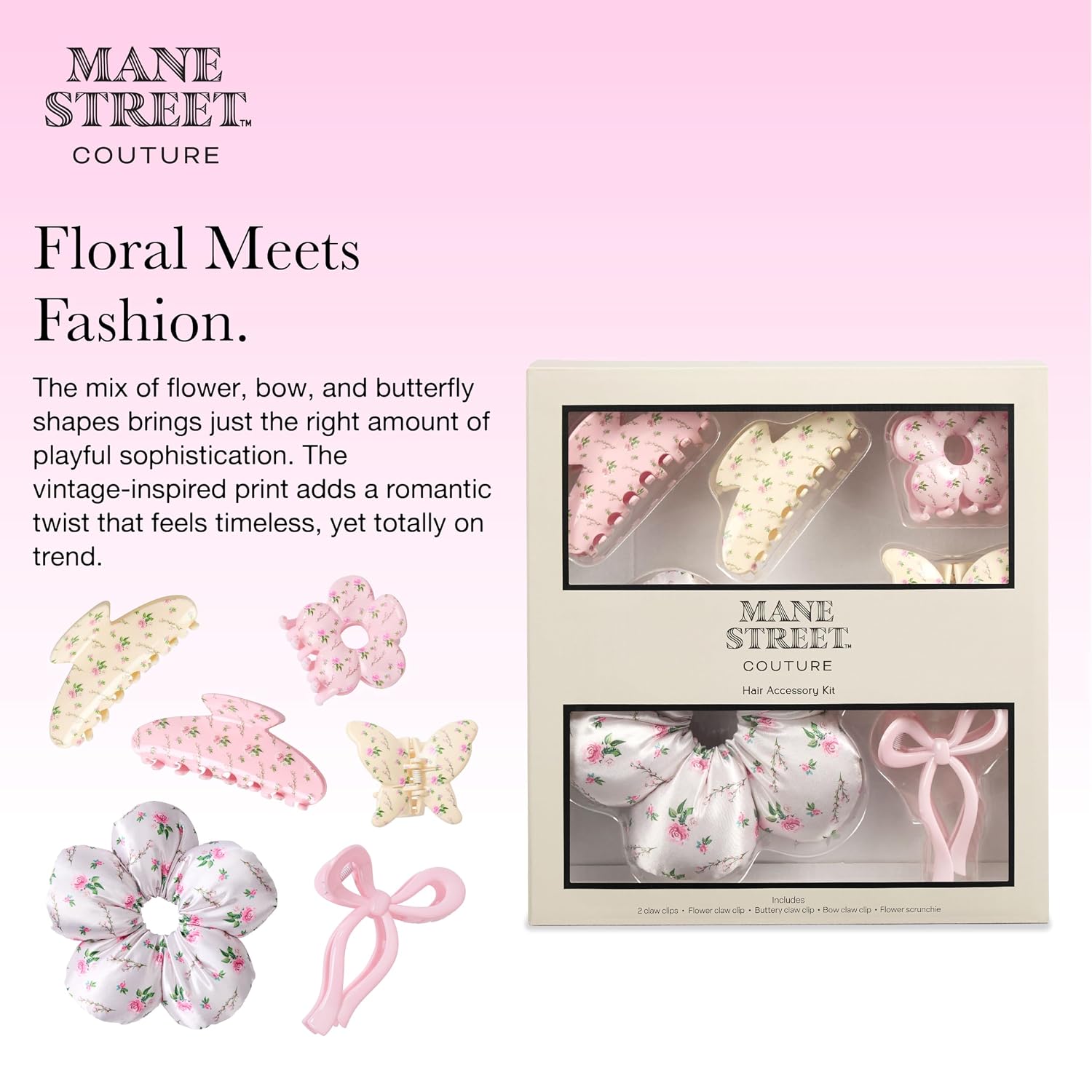6-Piece Vintage Floral Hair Clip & Scrunchie Set For Women By Mane Street Couture | Claw Clips, Xl Floral Scrunchie, No Damage Hair Accessories