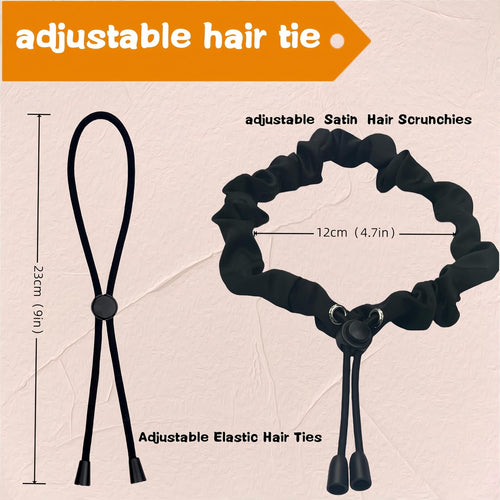6 Pcs Black Large Adjustable Length Satin Hair Ties for Afro Puff, Heavy and Curly Hair, Silk Soft Ponytail Holders - Perfect for Medium to Thick Hair