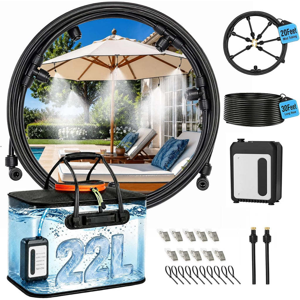 50Ft Portable Misting System For Cooling, Misters For Outside Patio With 5.8Gal/22L Foldable Tank, 5200Mah Pump (Ipx8) & 8 Adjustable Brass Nozzles For Umbrella, Camping, Golf Cart, Sport