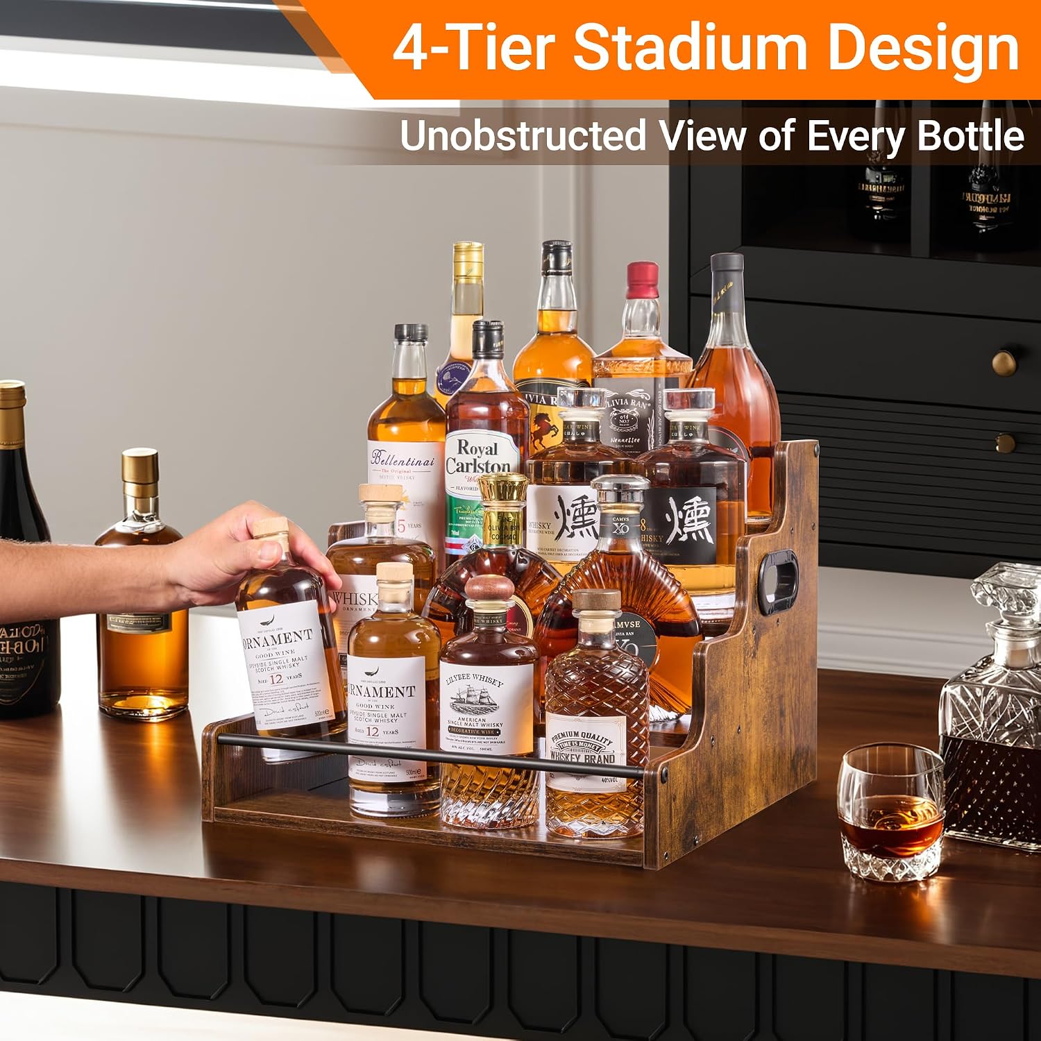 4-Tier Liquor Bottle Display Shelf, Spice Rack - 16-Inch Coffee Syrup Organizer Rack - Heavy-Duty Countertop Bar Shelves For Liquor Whiskey, Spirits, Syrup Wine Dressing
