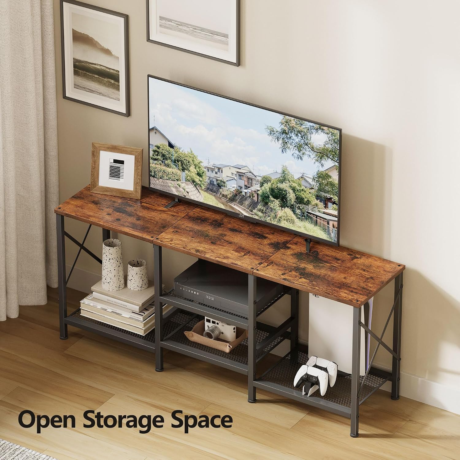 Tv Stand For 55 Inch Tv, Entertainment Center With 3-Tier Open Shelves, Tv Console Table For Living Room, Bedroom, Rustic Brown