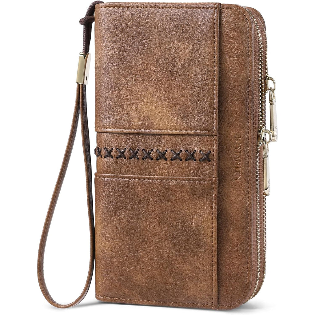 BOSTANTEN Wallets for Women Leather RFID Double Zipper Around Credit Card Holder Large Capacity Wristlet Clutch Wallet