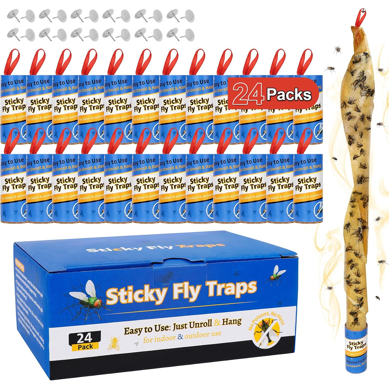 24 Pack Fly Strips Indoor Hanging Fruit Fly Trap Outdoor Sticky | Gnat Traps Fly Tape Fly Paper For Bug, Insect, Pest, Mosquito Fly Ribbon For Orchard Farm Garage Kitchen