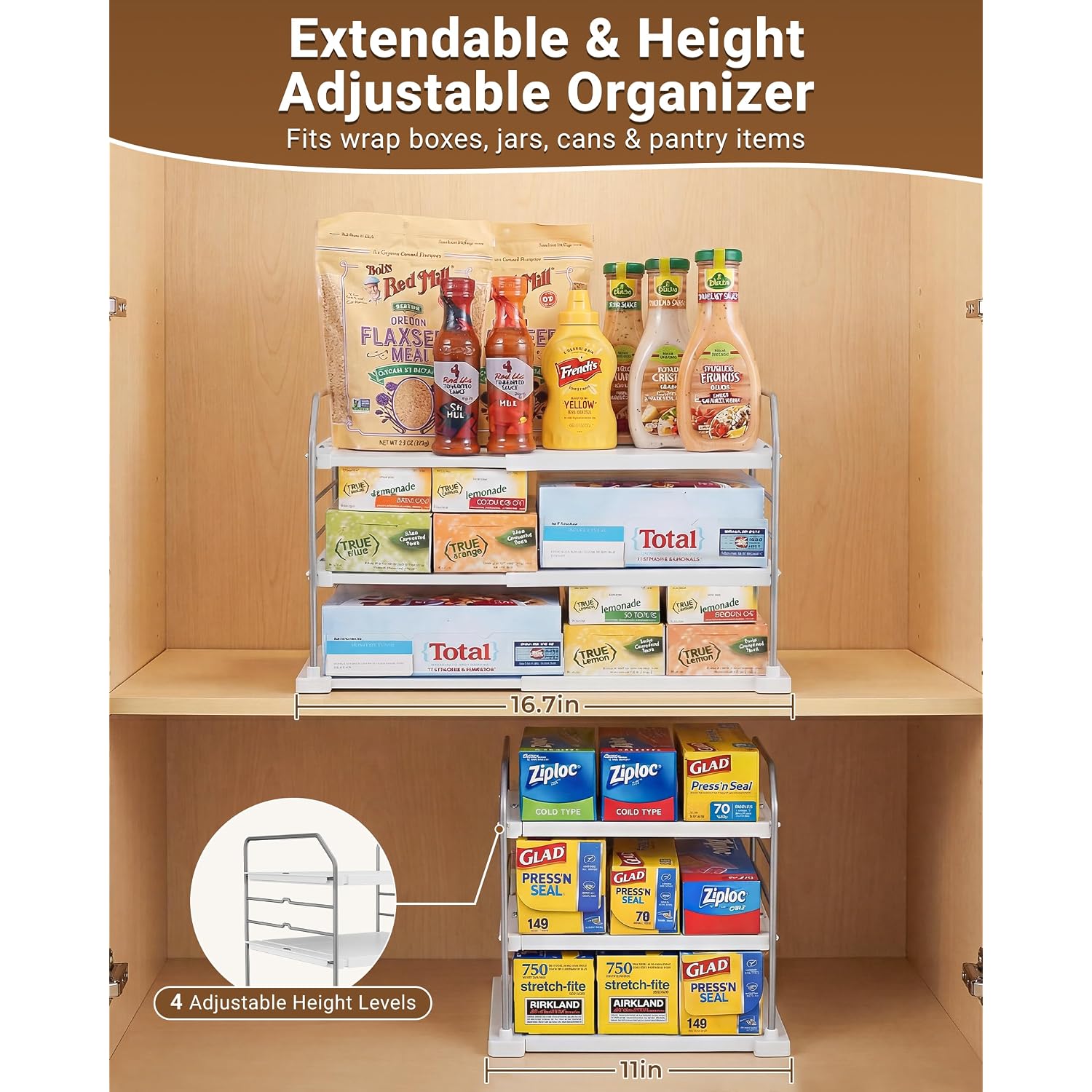 Everie Extendable 3-Tier Kitchen Cabinet & Pantry Organizer For Plastic Wrap, Foil & Storage Bags, Adjustable Heavy Duty Shelf Rack For Wrap Boxes, Jars & Snack Boxes (11–16.7 In Wide), Pack Of 1