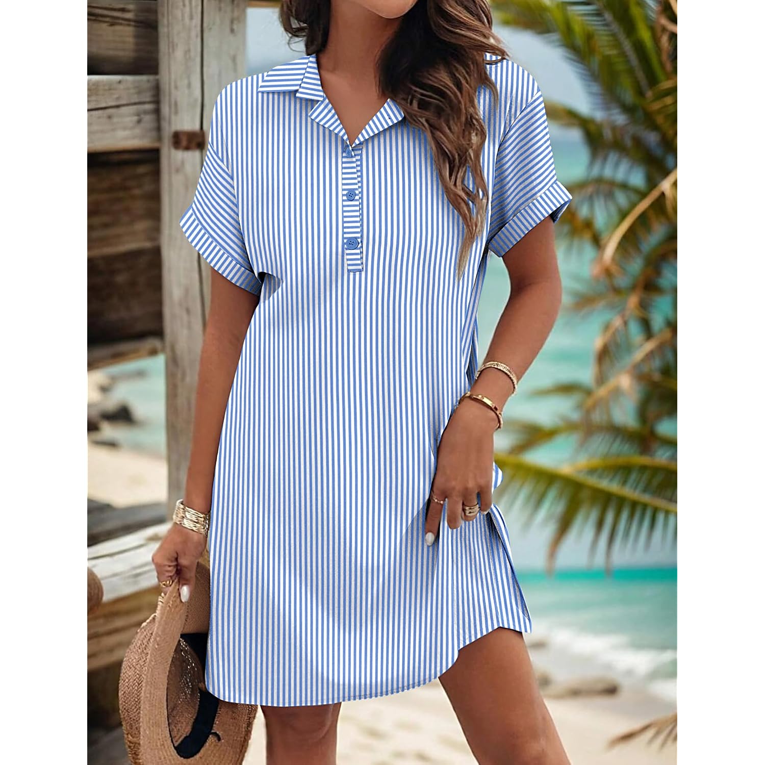 Zeagoo Womens Cotton Shirt Dress Summer Casual Short Sleeve Button Down Beach Cover Up Shirts With Pockets