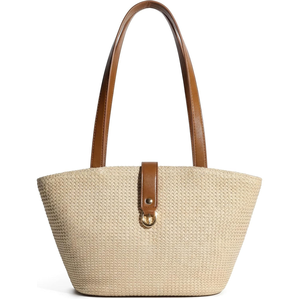 Straw Tote Bag For Women, Woven Raffia Straw Purse, Boho Beach Bag With Pu Handle, Summer Vacation Resort Shoulder Bag