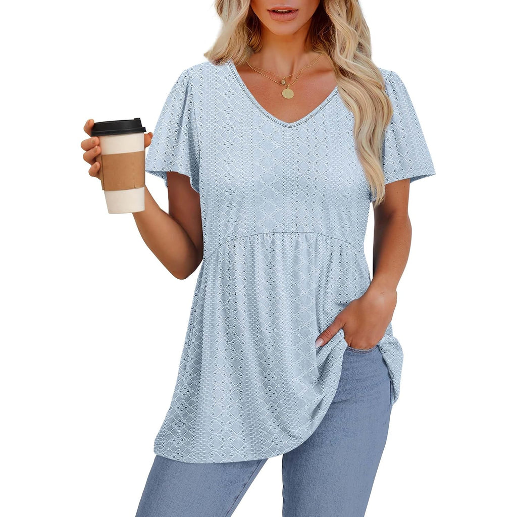 Ofeefan Womens Summer Tops Babydoll Short Sleeve Shirts Puff Sleeve Peplum Tops V Neck T Shirts