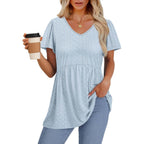 Ofeefan Womens Summer Tops Babydoll Short Sleeve Shirts Puff Sleeve Peplum Tops V Neck T Shirts