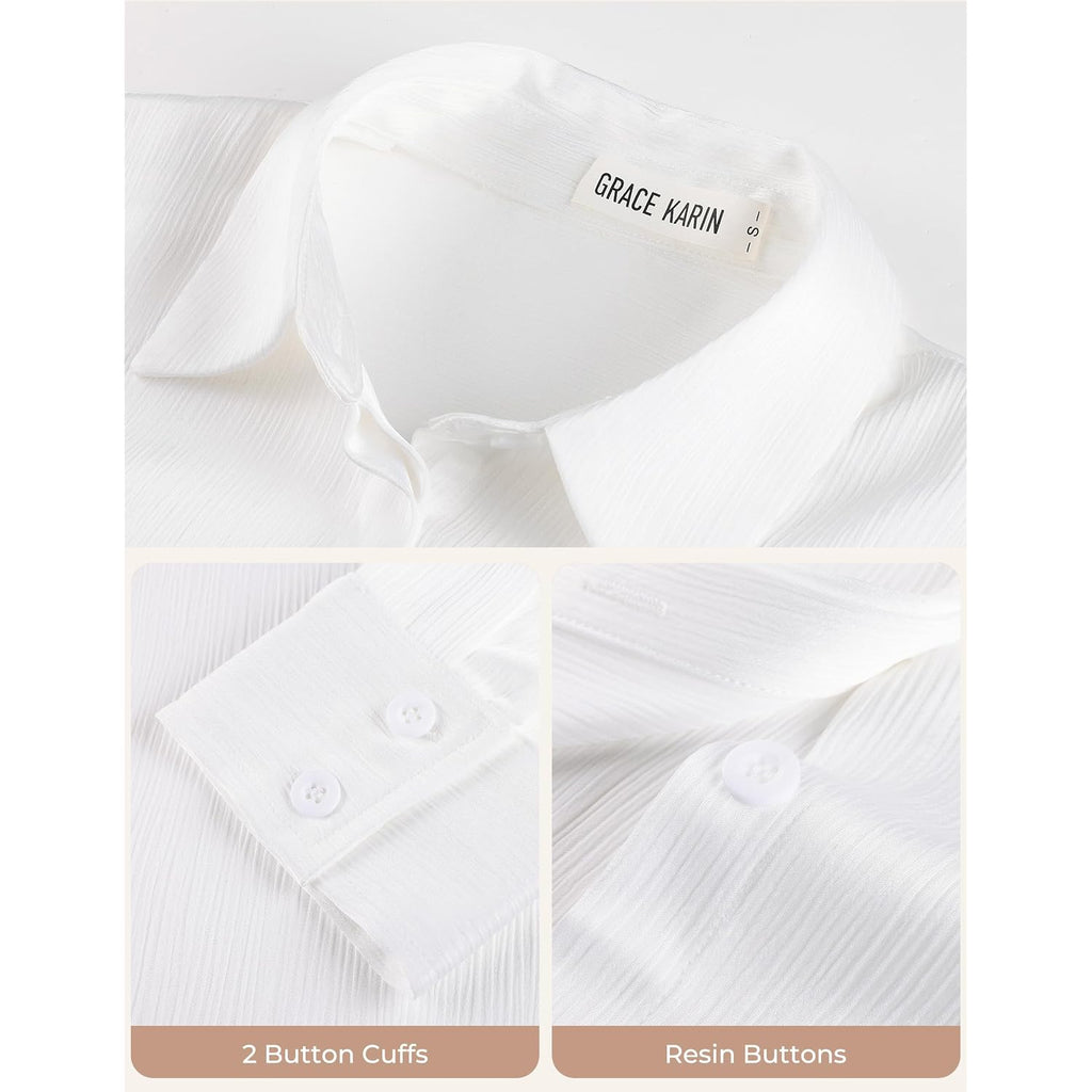 Grace Karin 2026 Womens Silky Satin Button Down Shirts Long Sleeve Work Blouses Dressy Casual Tops