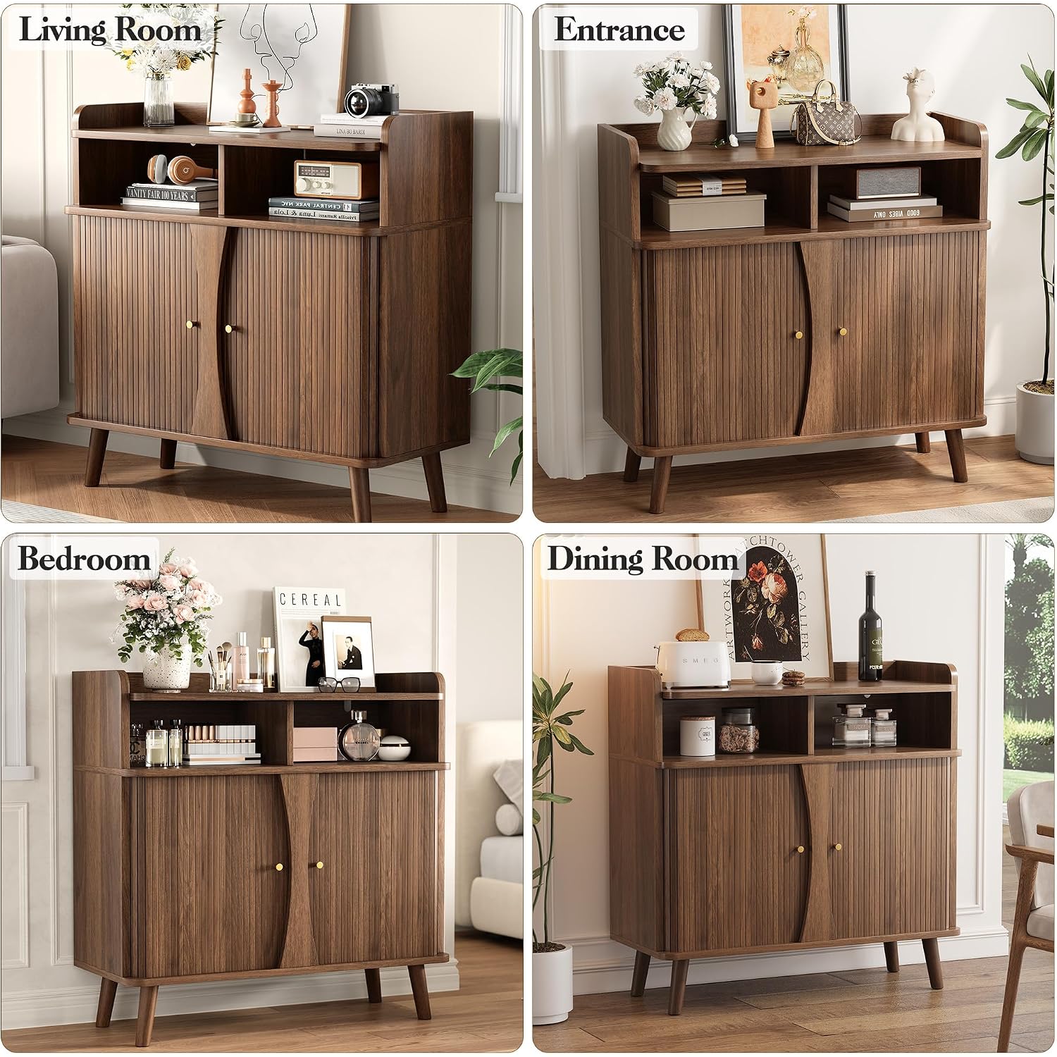 Decofy 39" Buffet Sideboard Cabinet, Mid Century Modern Console Cabinet With Roller Shutter Sliding Doors & Adjustable Shelves For Kitchen Cabinets, Living Room, Entryway, Coffee Bar Cabinet (Walnut)