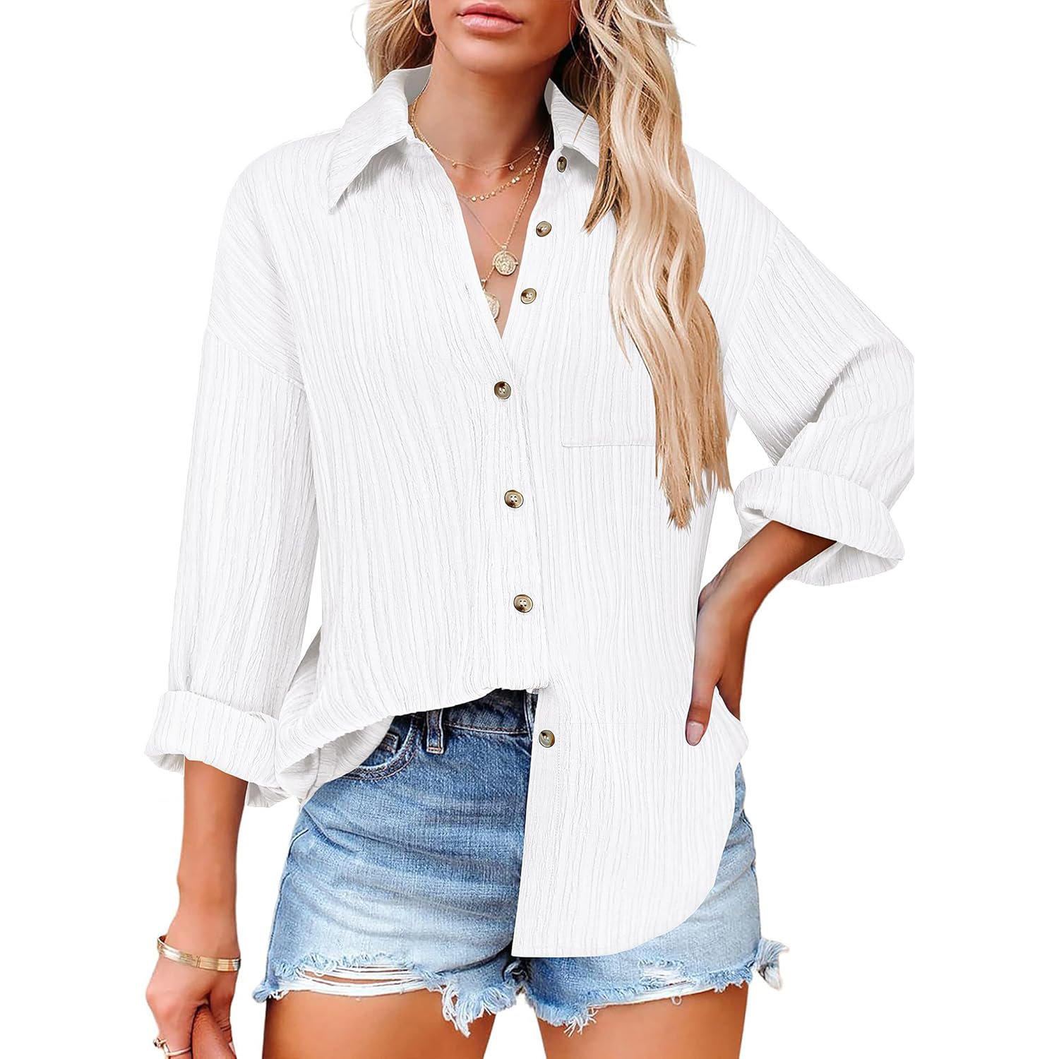 Womens Button Down Shirts Long Sleeve Dress Shirt Textured Collared Work Blouse Dressy Casual Tops with Pocket
